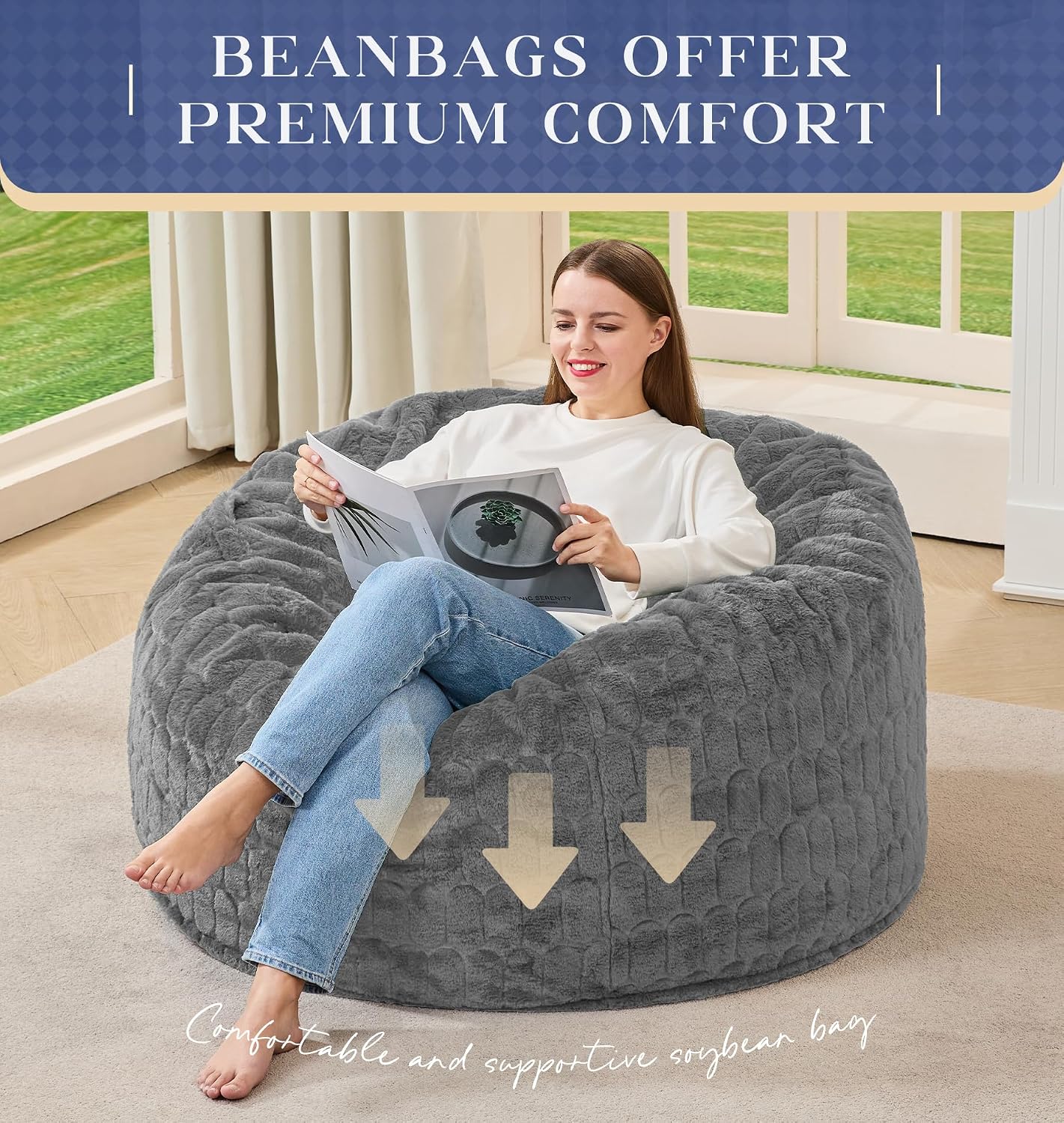 Hobestluk Large Bean Bag Chairs 3FT Big Adults BeanBag Chairs Plush Cover | Memory Foam,Washable Cover,Unique Fluffy Plush,Comfy Filled Adults Bean Bag Gaming Reading Bedroom Dorm Room | Light Grey 3FT
