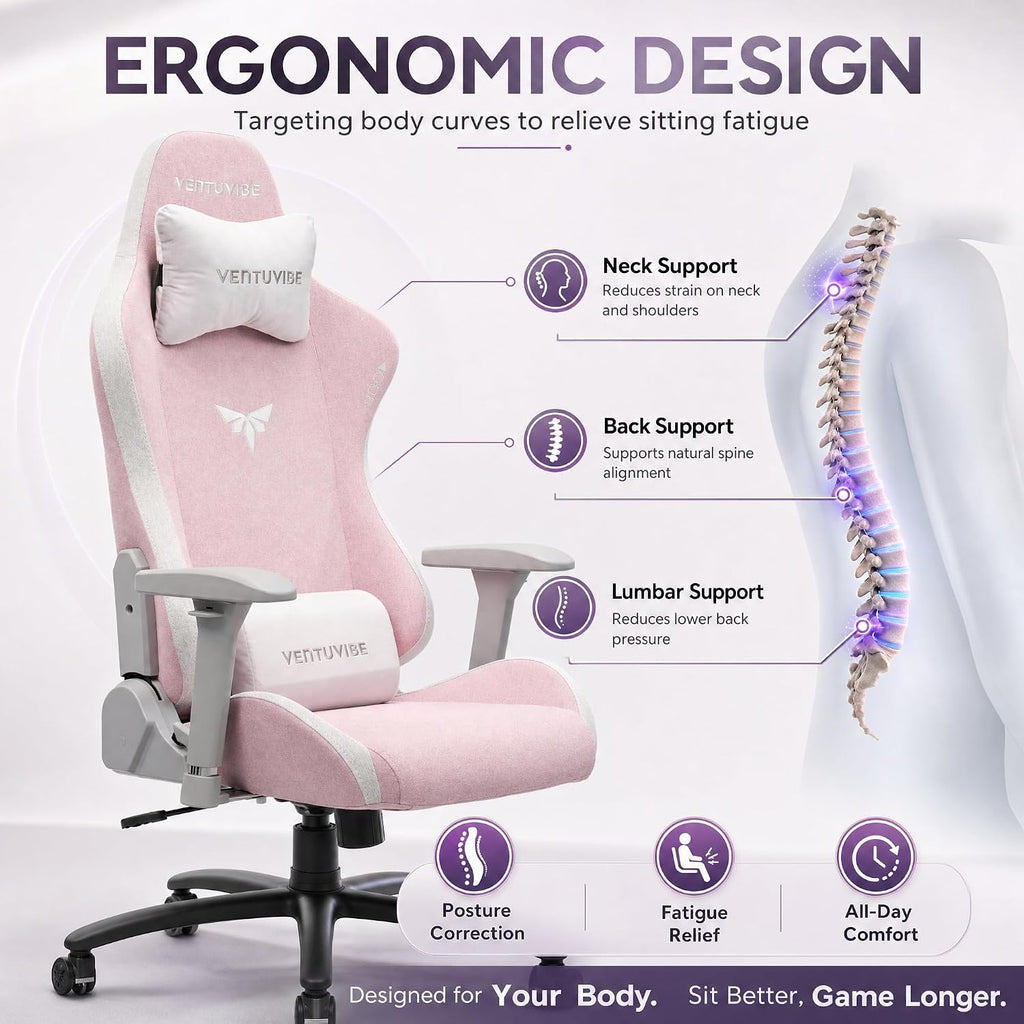 Gaming Chair 4D Adjustable Armrests - 170° Reclining & 320lb Capacity, High Back Ergonomic Computer Chair with Lumbar Support, Fabric Office Chair for Adults Pink