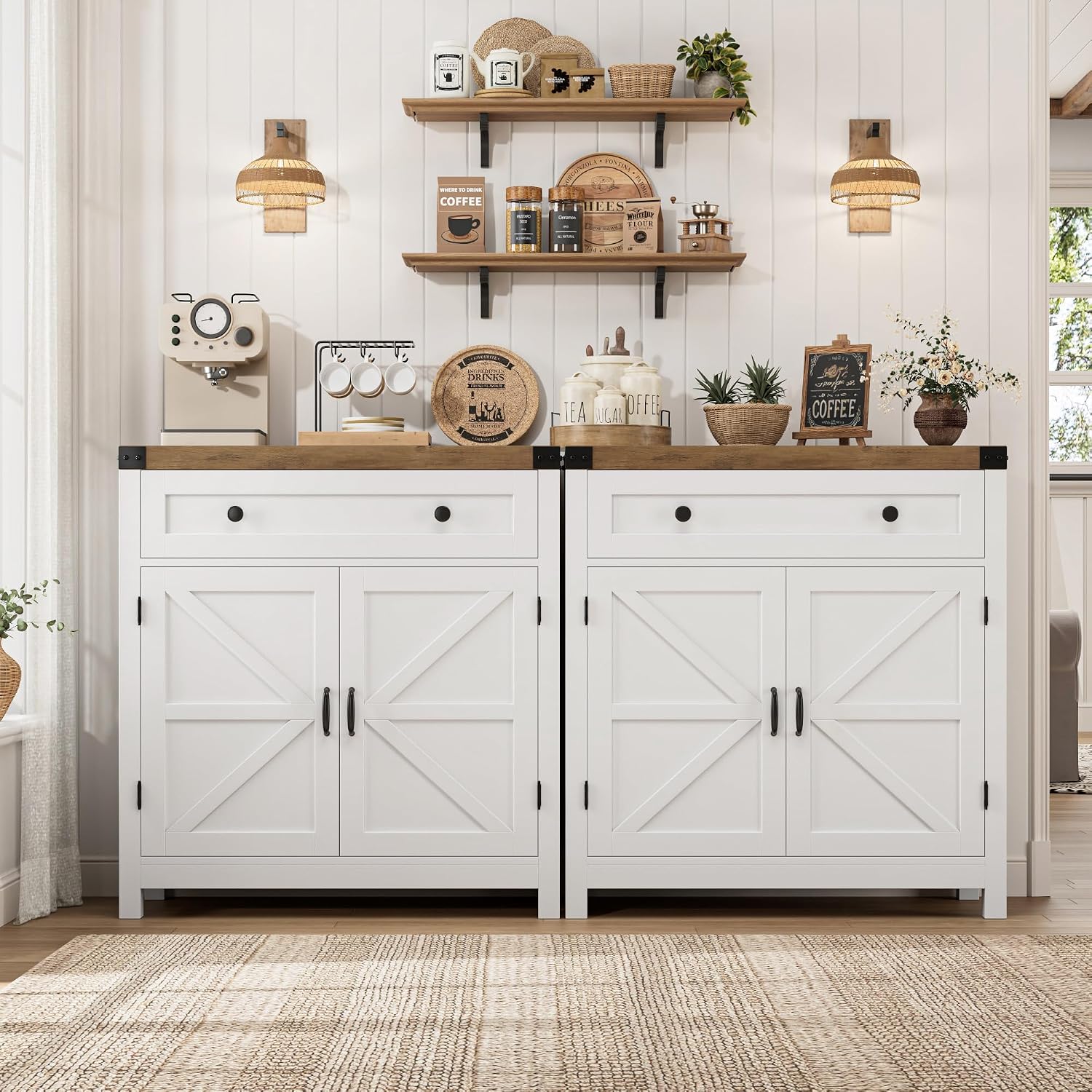 HOSTACK 31.5"W Kitchen Storage Cabinet, Farmhouse Coffee Bar Cabinet, White | Small Buffet Cabinet with Doors & Wide Drawer, Wood Sideboard Buffet, Entry Table w/ Adjustable Shelf for Dining Living Room