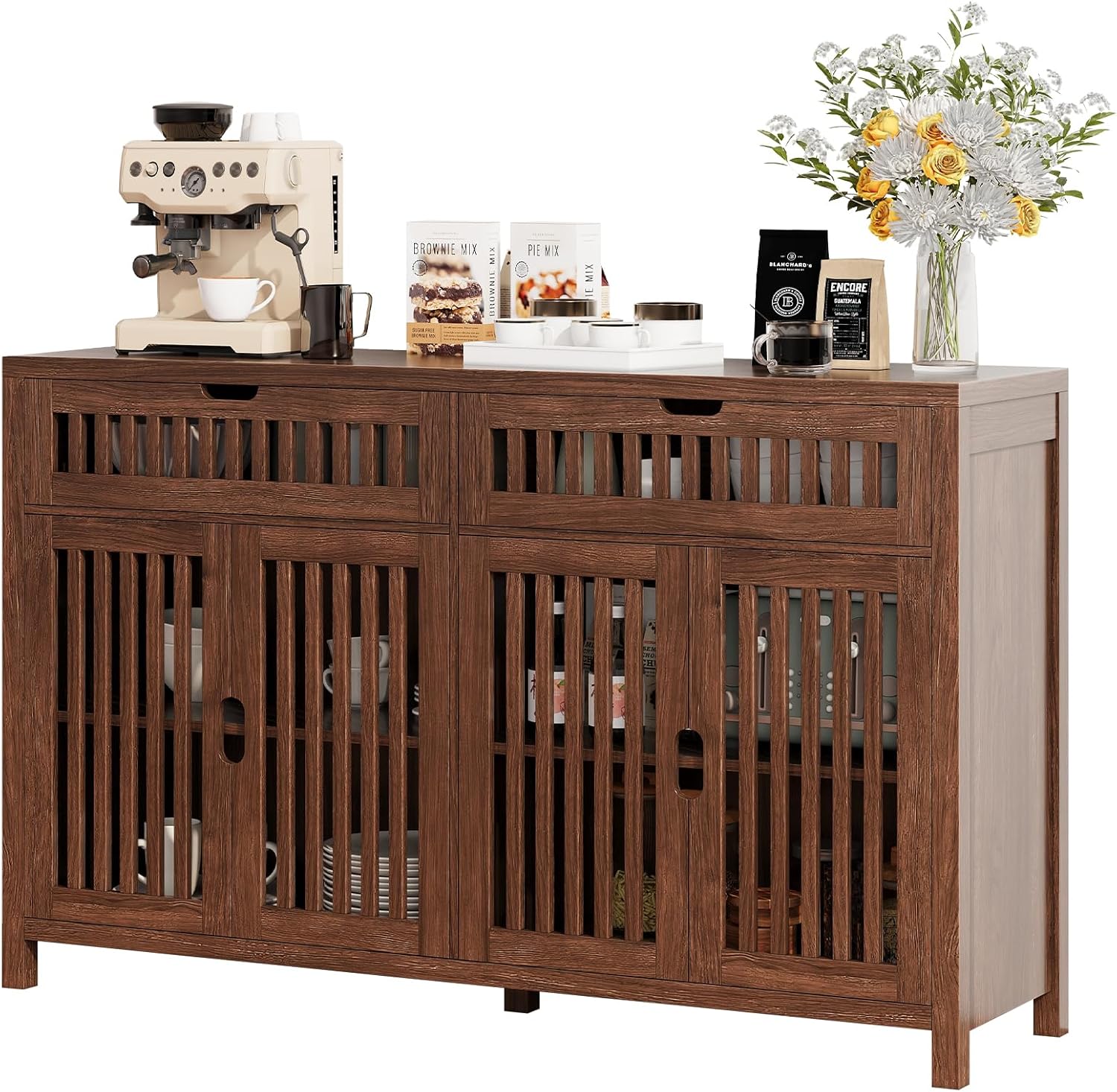 Vabches Modern Sideboard Cabinet with 4 Doors & 2 Drawers, Wood Buffet Cabinet with Storage for Dining & Living Room, Brown