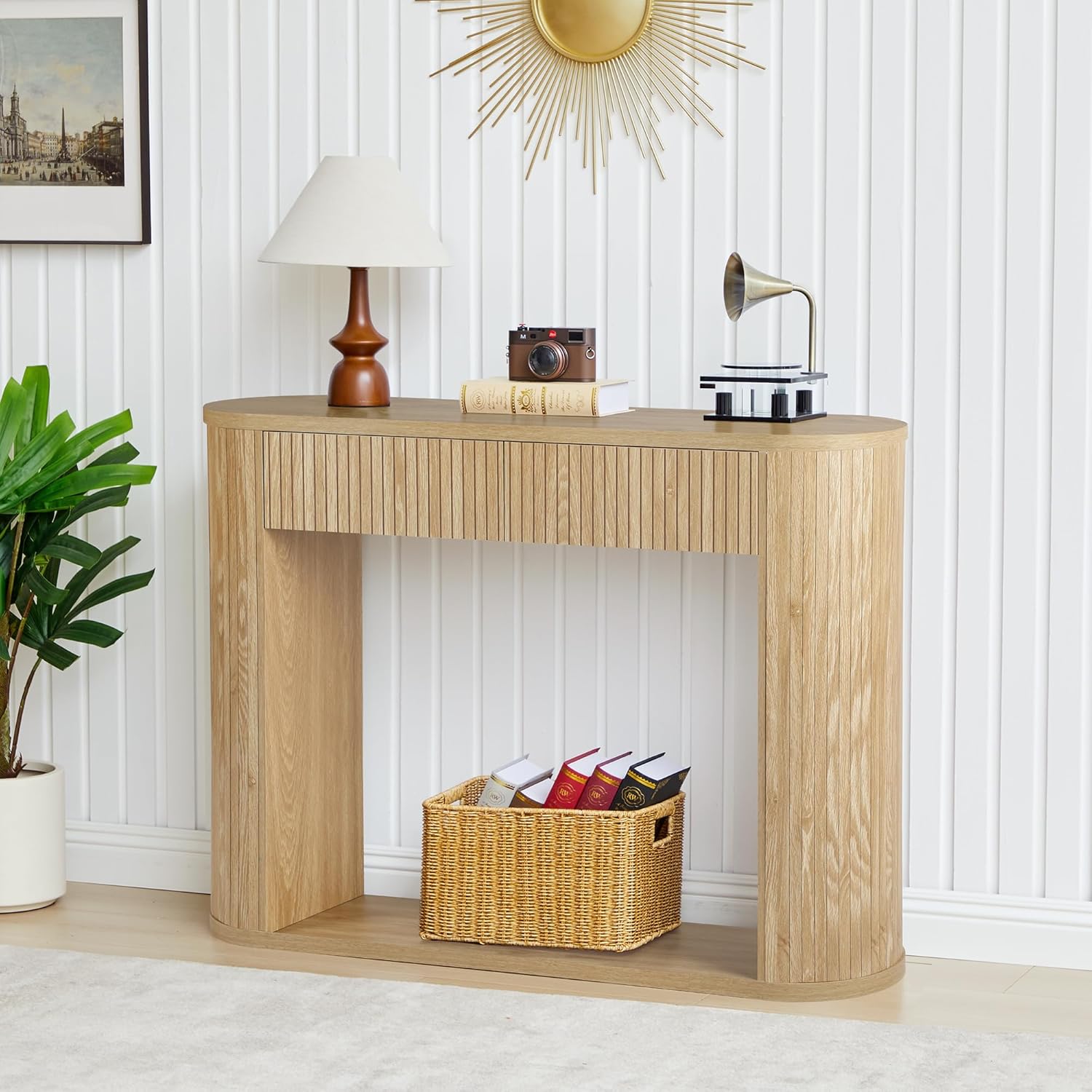 42.5” Console Table with 2 Drawers, Fluted Entryway Table with Rounded Corners, Rectangular Sofa Table Behind Couch for Living Room, Hallway, Foyer (Natural)