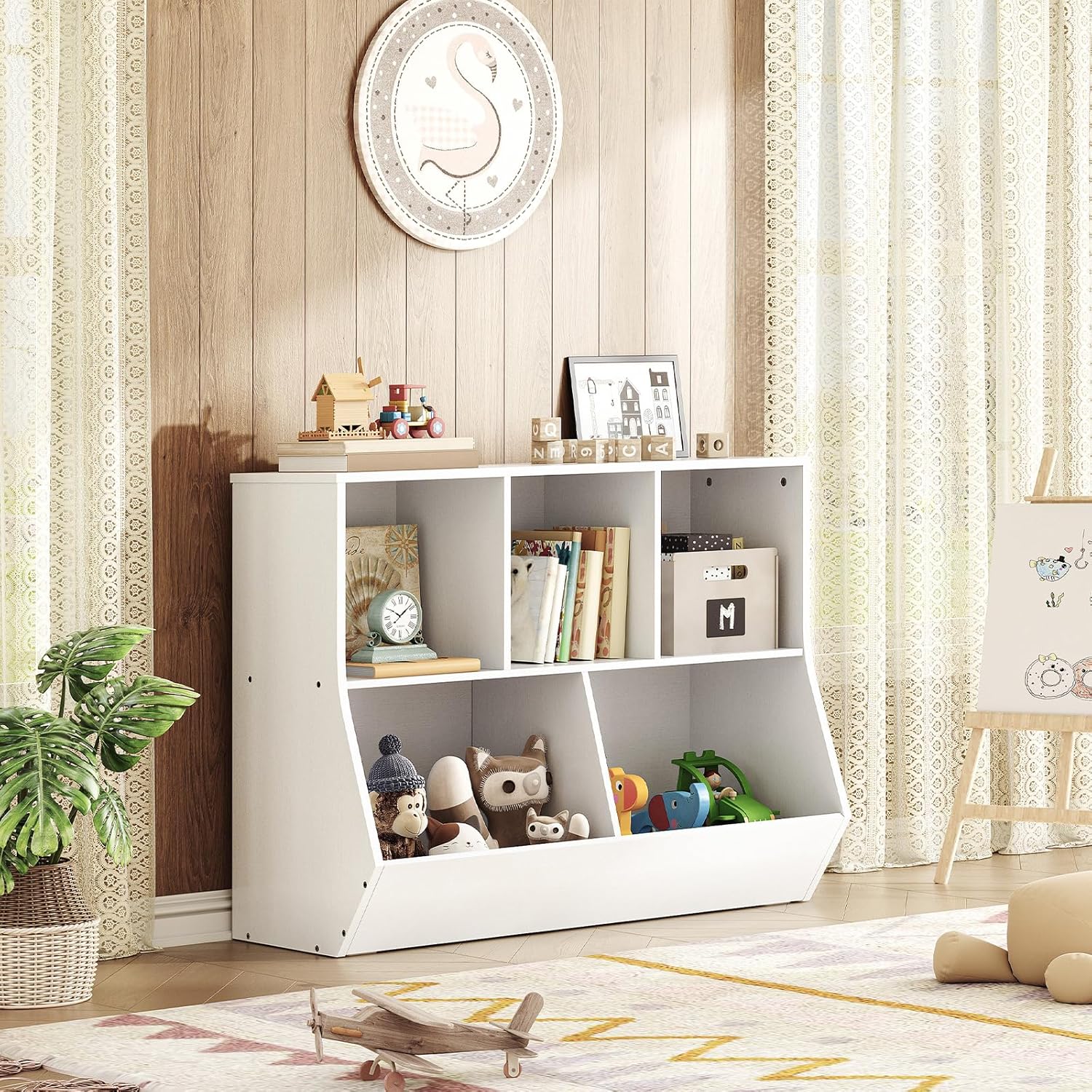 HOOBRO Kids Bookshelf, Bookcase Footboard, Toy Storage Cubby, Children's Toy Shelf, 35.4" L Storage Cabinet, Fit for Children's Room, Playroom, Hallway, Kindergarten, White WT32CW01