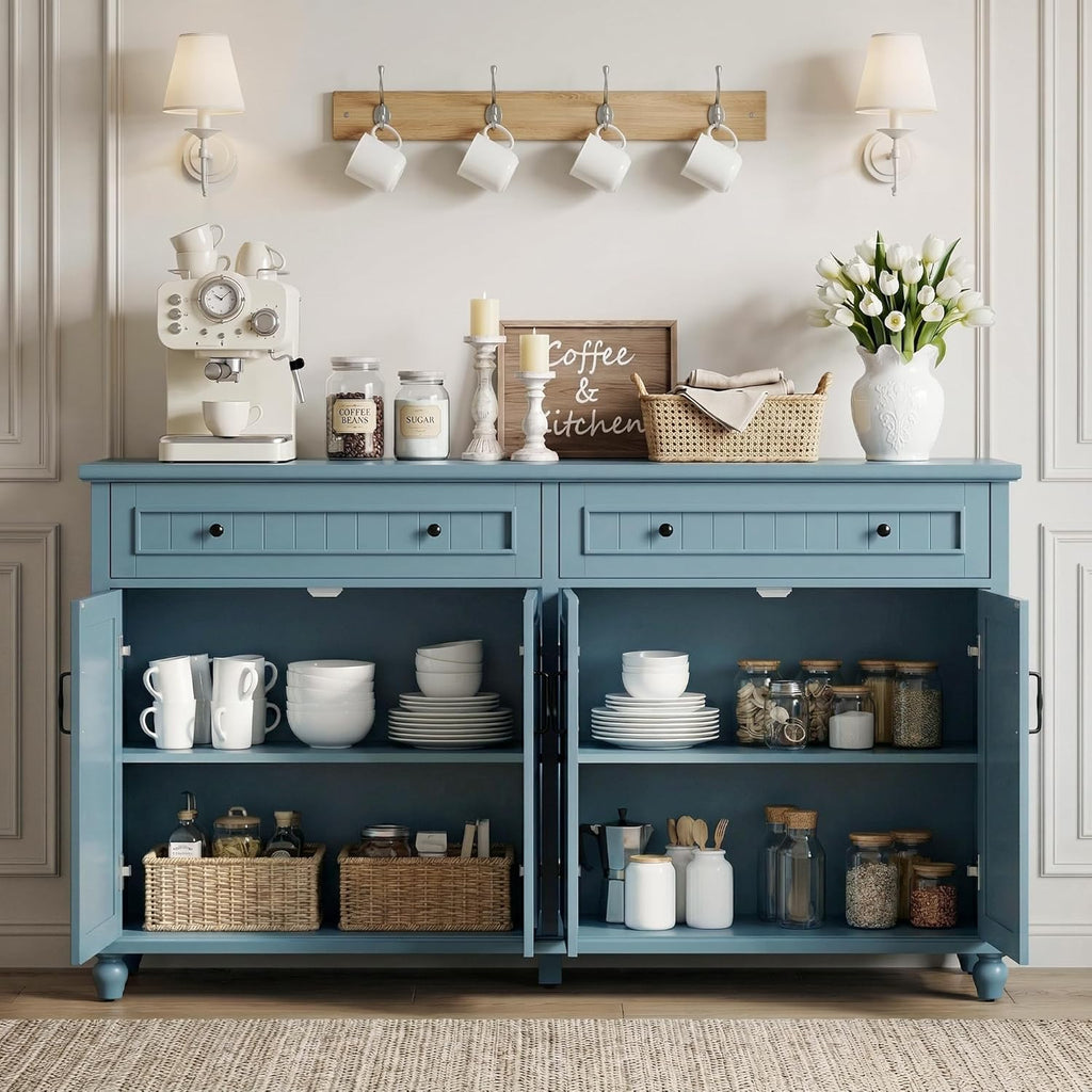 Scurrty Sideboard Buffet Cabinet, 62'' Large Storage Cabinet with Drawers and 4 Doors, Vintage Coffee Bar Cabinets with Adjustable Shelf for Kitchen, Living Room, Blue