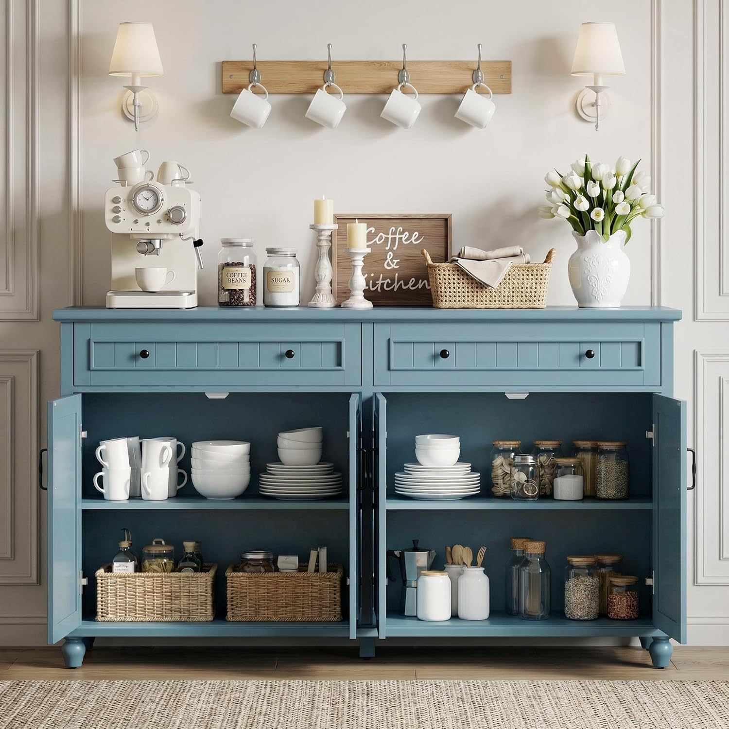 Scurrty Sideboard Buffet Cabinet, 62'' Large Storage Cabinet with Drawers and 4 Doors, Vintage Coffee Bar Cabinets with Adjustable Shelf for Kitchen, Living Room, Blue
