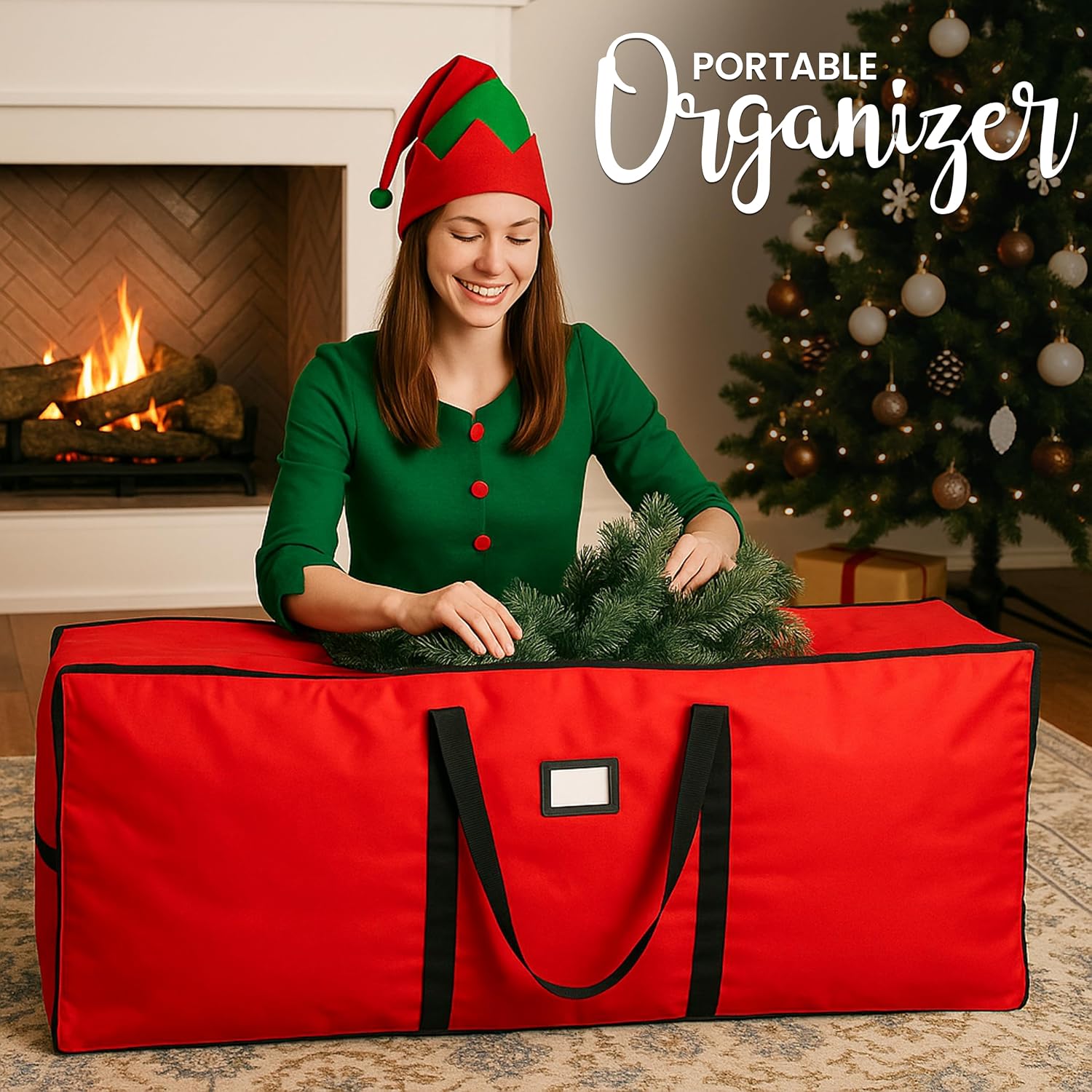 QUENTRO Heavy Duty Christmas Tree Storage Bag - Fits Up to 9ft Tall - Waterproof 600D Polyester Xmas Tree Bag with Reinforced Handles & Secure Zipper – Foldable Durable Holiday Storage Solution (Red)