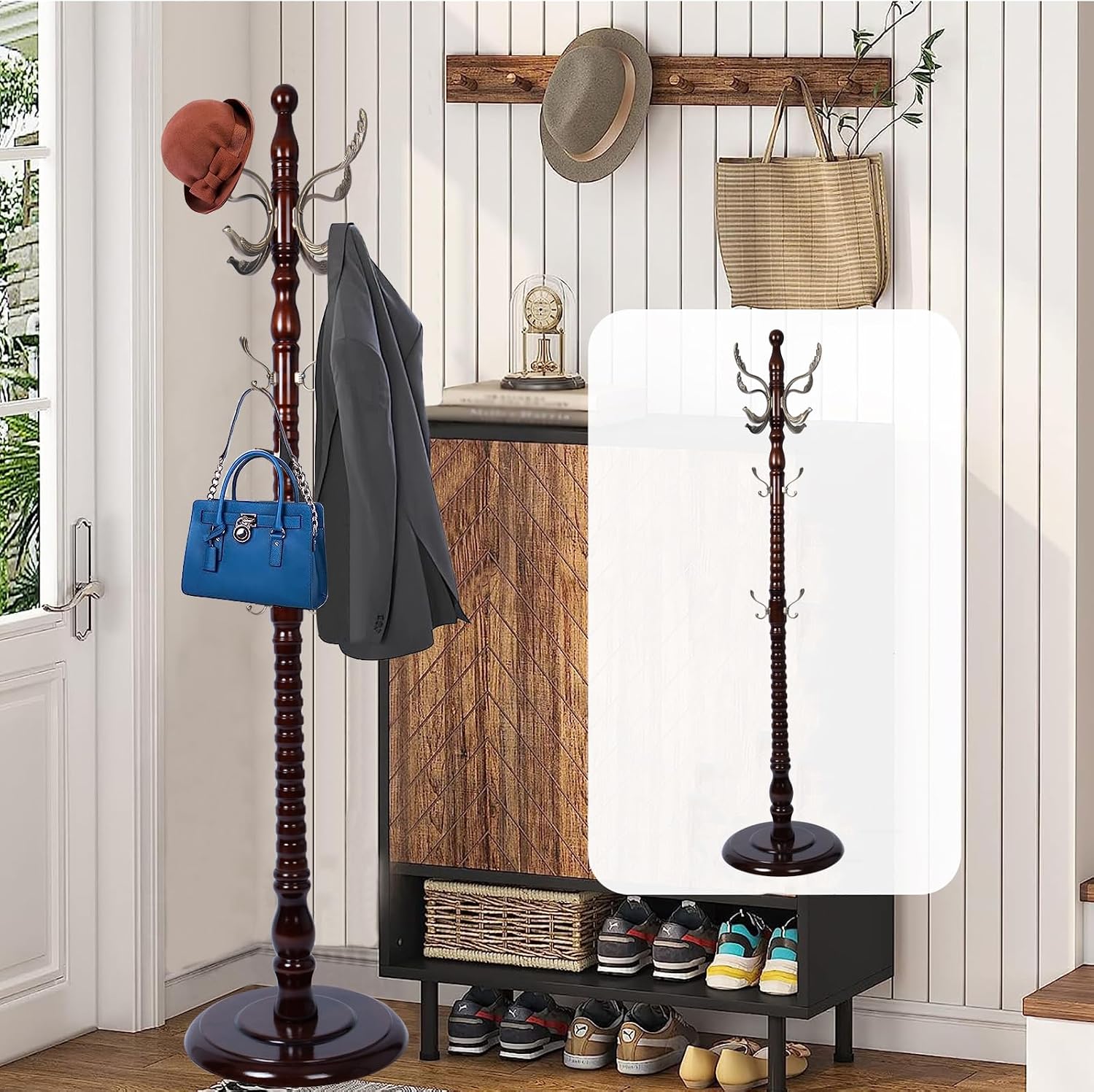 Coat Racks Free standing, Natural Wood Coat Rack Stand With 14 Hooks, Heavy Duty Adjustable Height Coat Racks For Entryway Hallway Foyer Office Bedroom (Redwood)