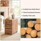 Set of 2 3 Drawers Solid Wood Side End Table for Living Room, Rustic Farmhouse Narrow Sofa Tables with Storage for Small Space, Bed Side Tables Bedroom