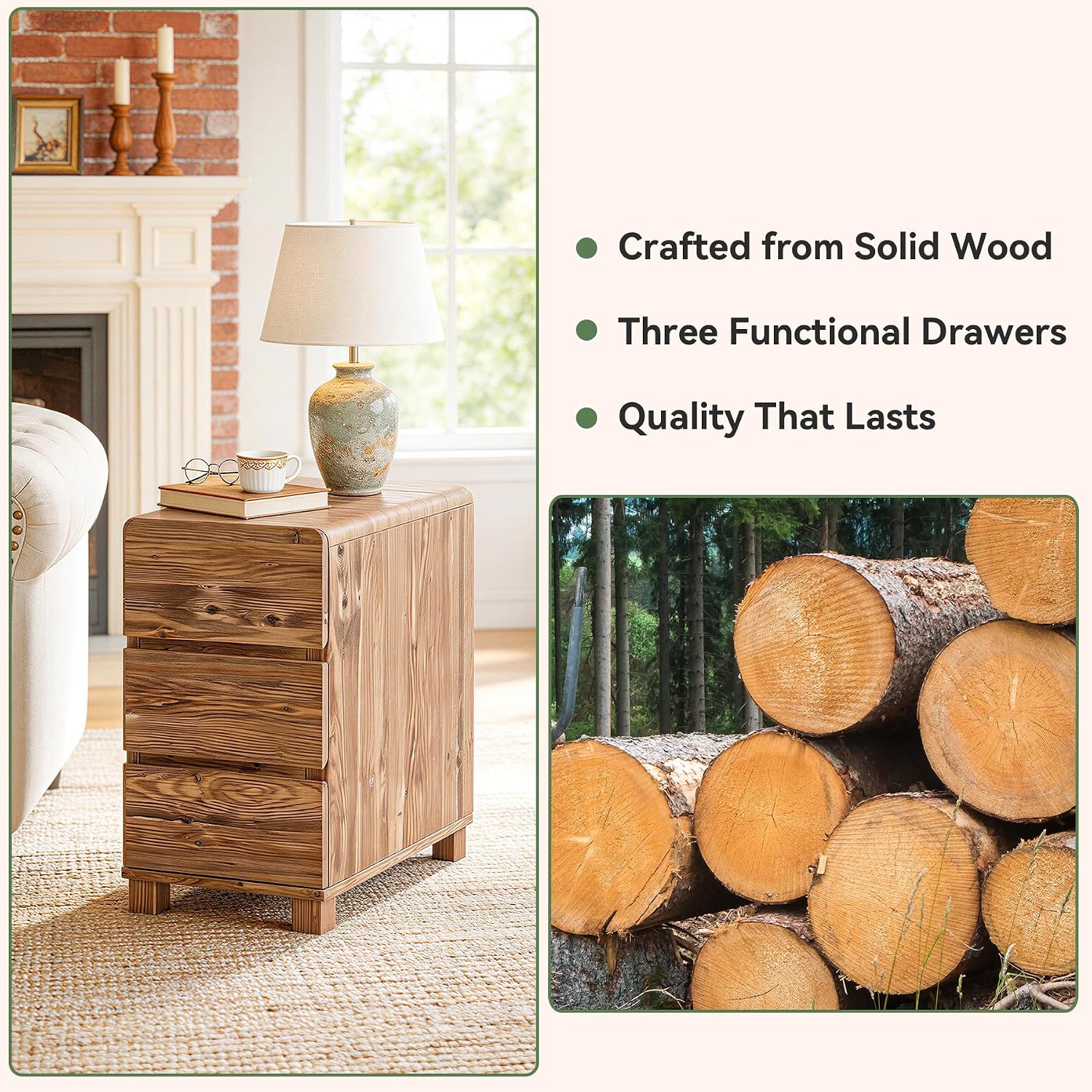 Set of 2 3 Drawers Solid Wood Side End Table for Living Room, Rustic Farmhouse Narrow Sofa Tables with Storage for Small Space, Bed Side Tables Bedroom