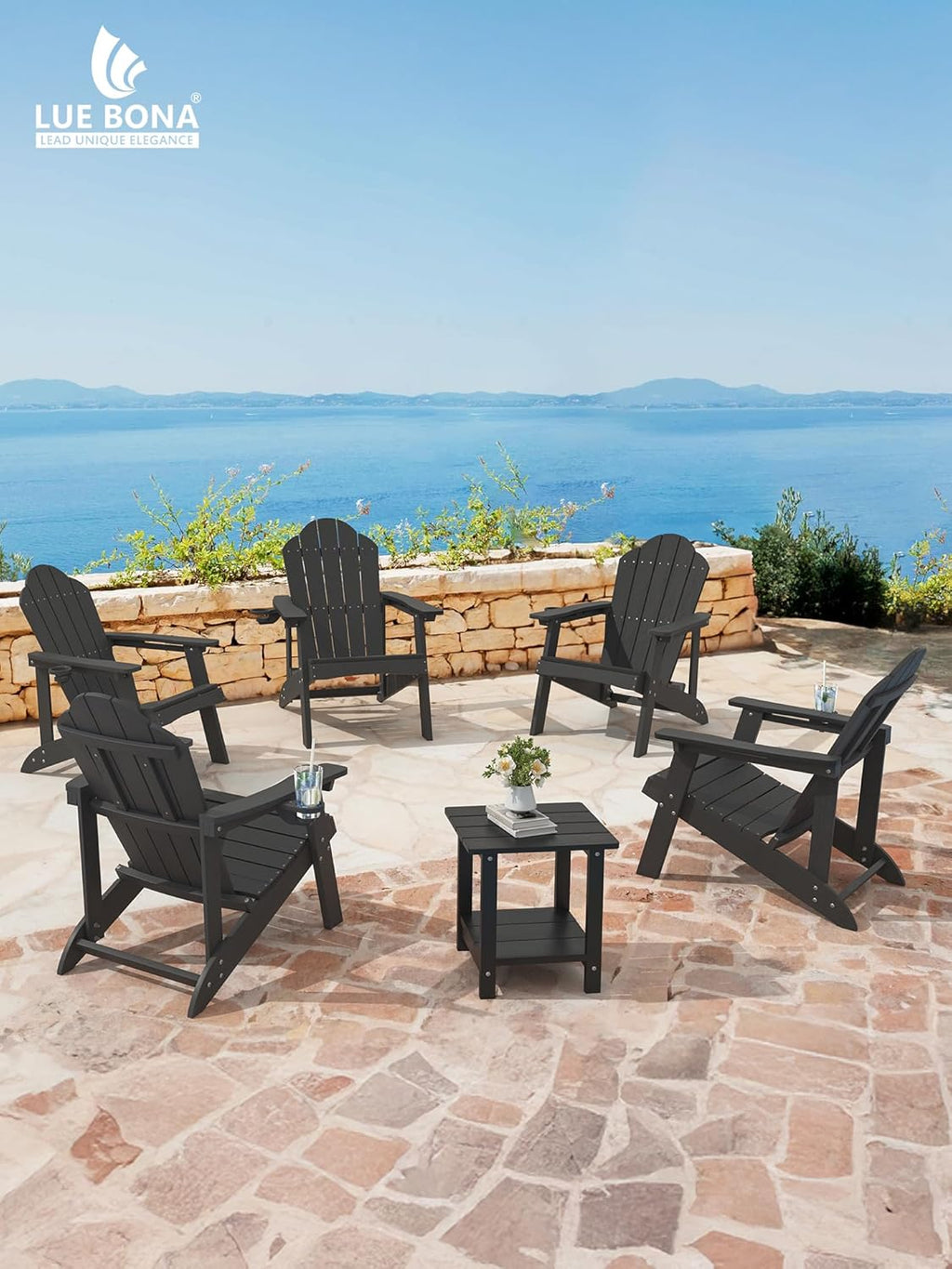 LUE BONA HDPE Adirondack Chairs Set of 4 - Weather Resistant Seating with Cup Holder for Patio, Fire Pit, Deck & Resort Garden, Black