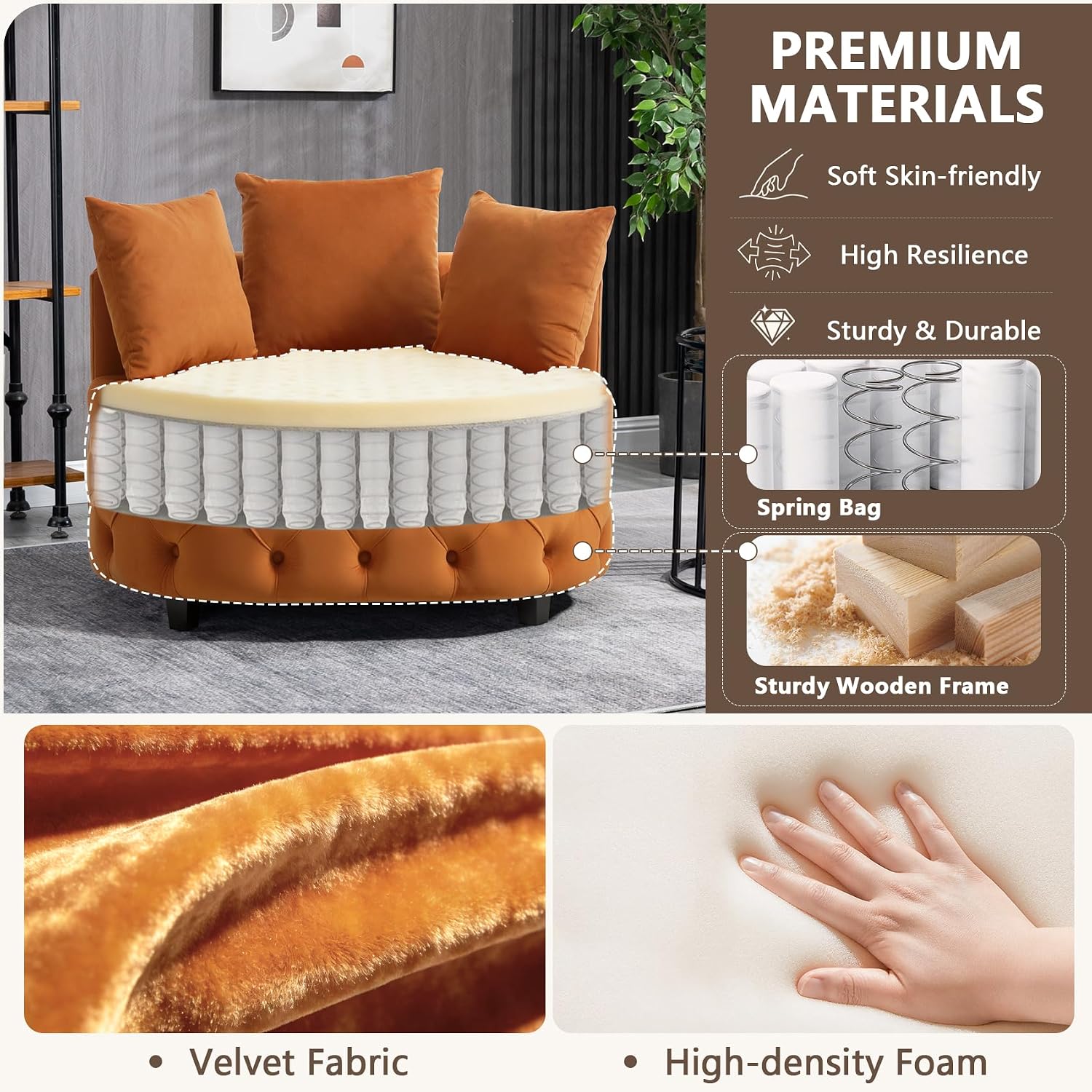 mikibama Round Barrel Accent Chair, Oversized Upholstered Sofa, Velvet High-Resilience Sponge Sofa Chair for Living Room, Bedroom, Apartment