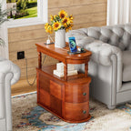 ROOMTEC Solid Wood End Table with Charging Station,Narrow Side Table with 2 Drawers and Shelf, Slim Chair Side Table,Narrow Sofa Side Table for Living Room Bedroom