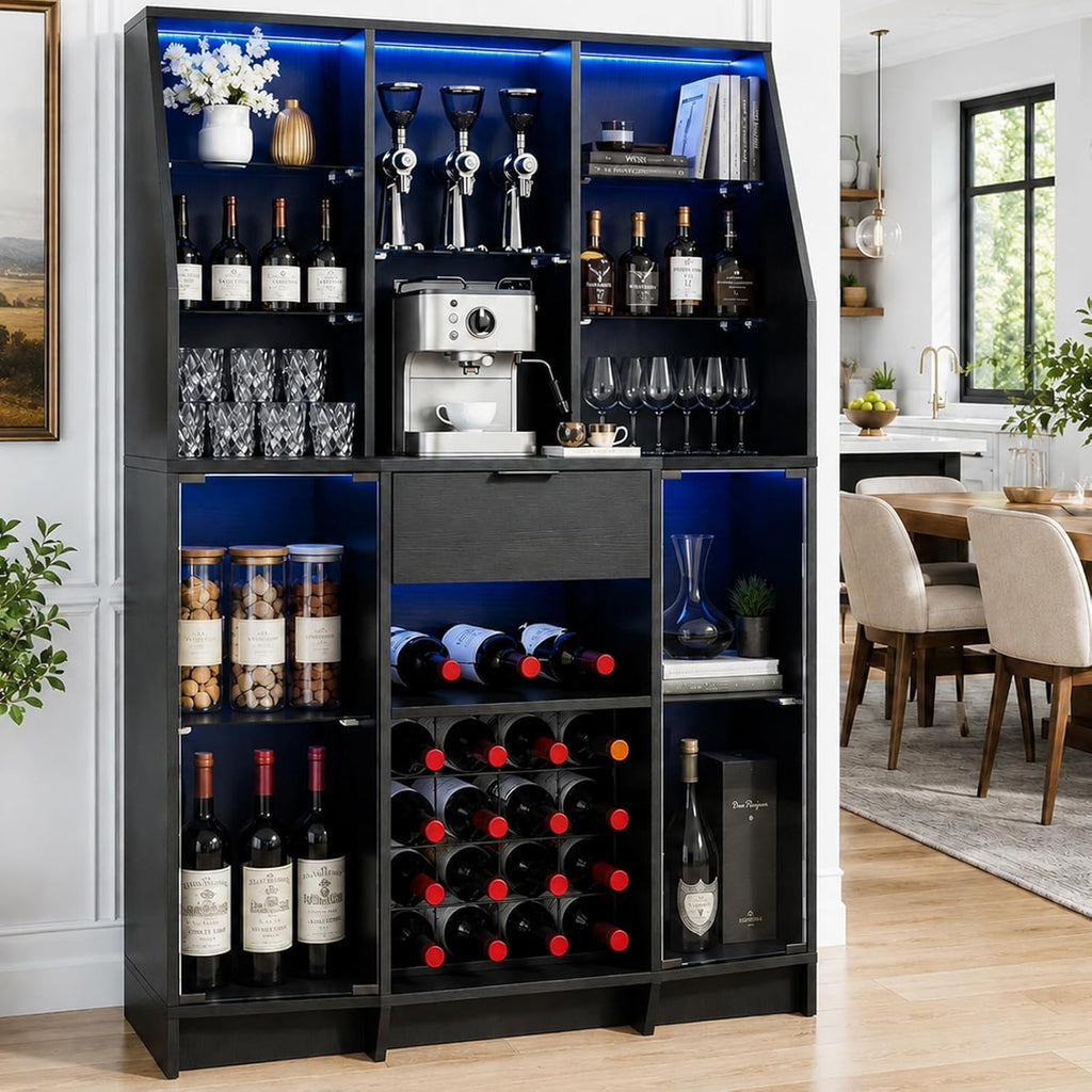 59.05" Wine Bar Cabinet W/ LED Lights & Tempered Glass Door, Home Bar Liquor Storage Cabinet With 16 Grid Wine Glass Rack & Adjustable Shelves,Coffee Cabinet with Drawer for Living Room, Dining Room