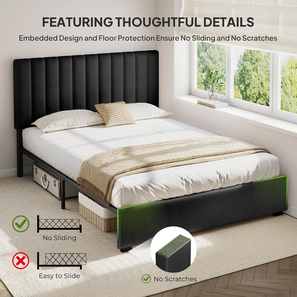 Welzona Queen Upholstered Bed Frame with Headboard, Velvet Upholstered Metal Platform Bed with Vertical Channel Tufted Headboard, 3-Level Height, Metal Slat Support, Noise-Free Easy Assembly, Black