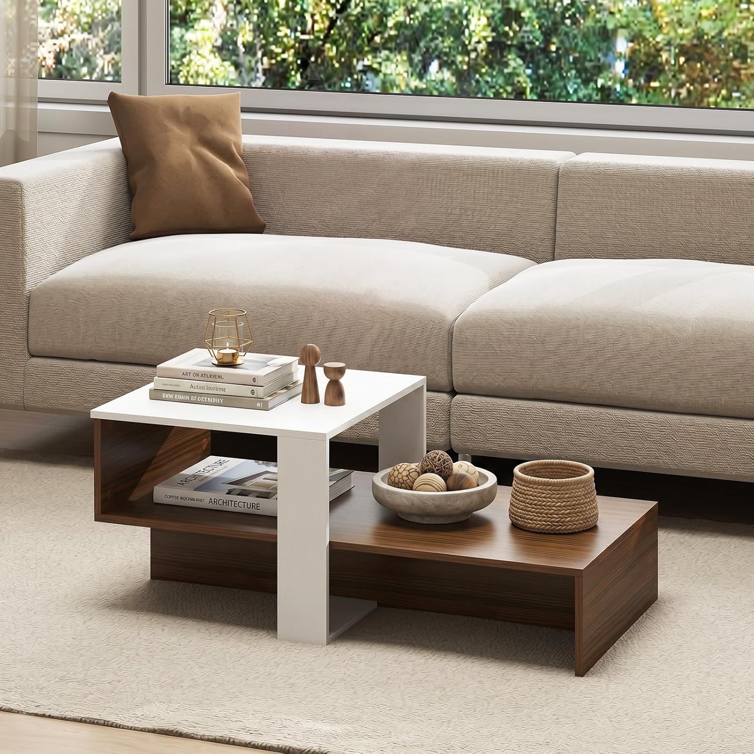 Giantex Small Coffee Table with Storage, 31.5" Wood Unique Center Table with 2-Tier Shelf, Low Accent Cocktail Tea Table, Mid Century Modern Coffee Table for Living Room, Small Spaces, Walnut & White