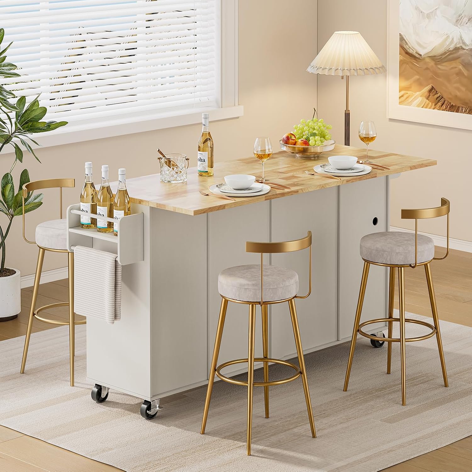 ONBRILL 69" Kitchen Islands with Dual Trash Cabinets, Rolling Island Cart with Large Storage, Dining Table with Solid Wood Drop Leaf, Bar Table with Power Outlet & Spice & Towel Rack, White