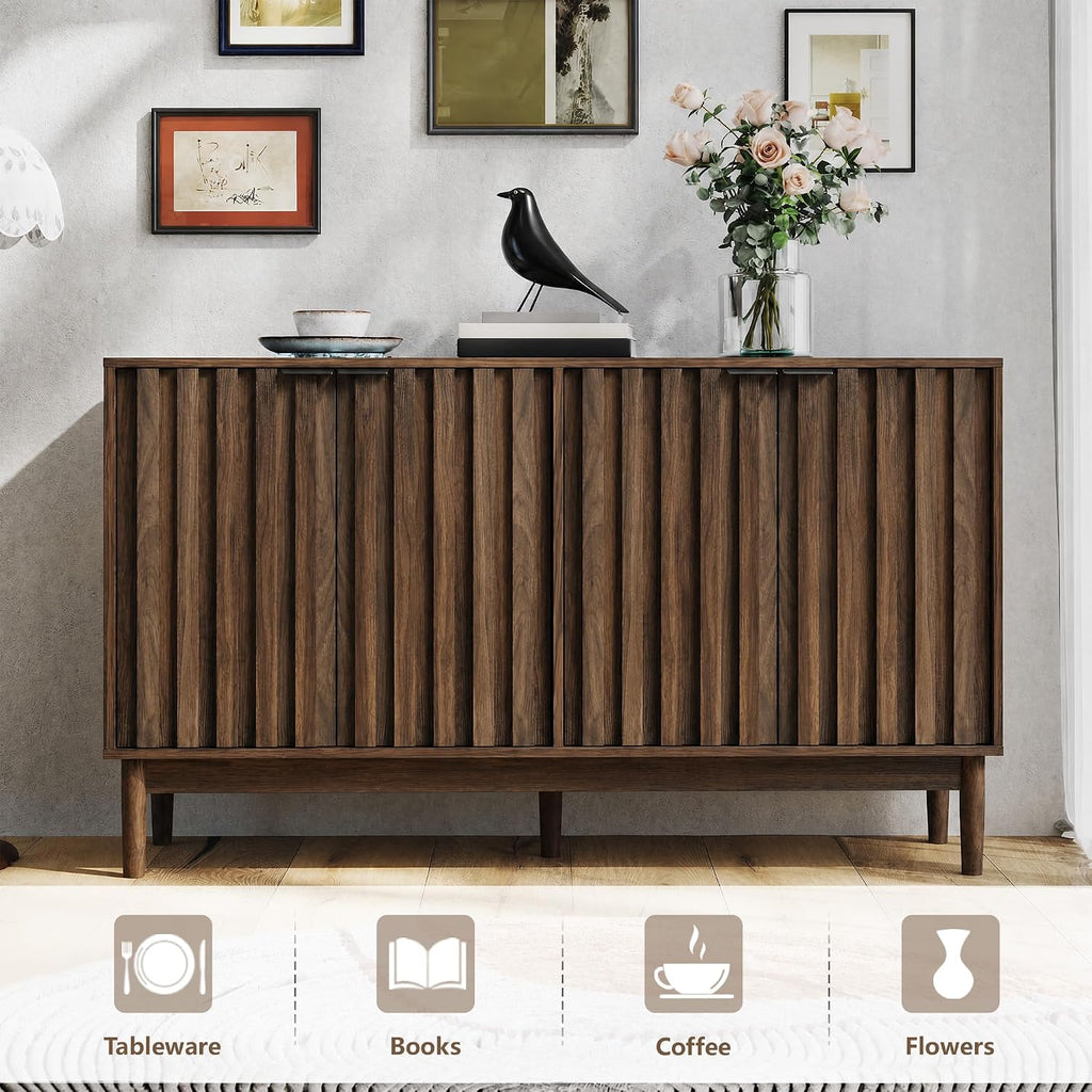 Otterease Fluted Cabinet with Storage, Small Buffet Cabinet Sideboard with Door, Kitchen Buffet Storage Accent Cabinets with Adjustable Shelves for Living Room, Entry, Hallway,Wlanut