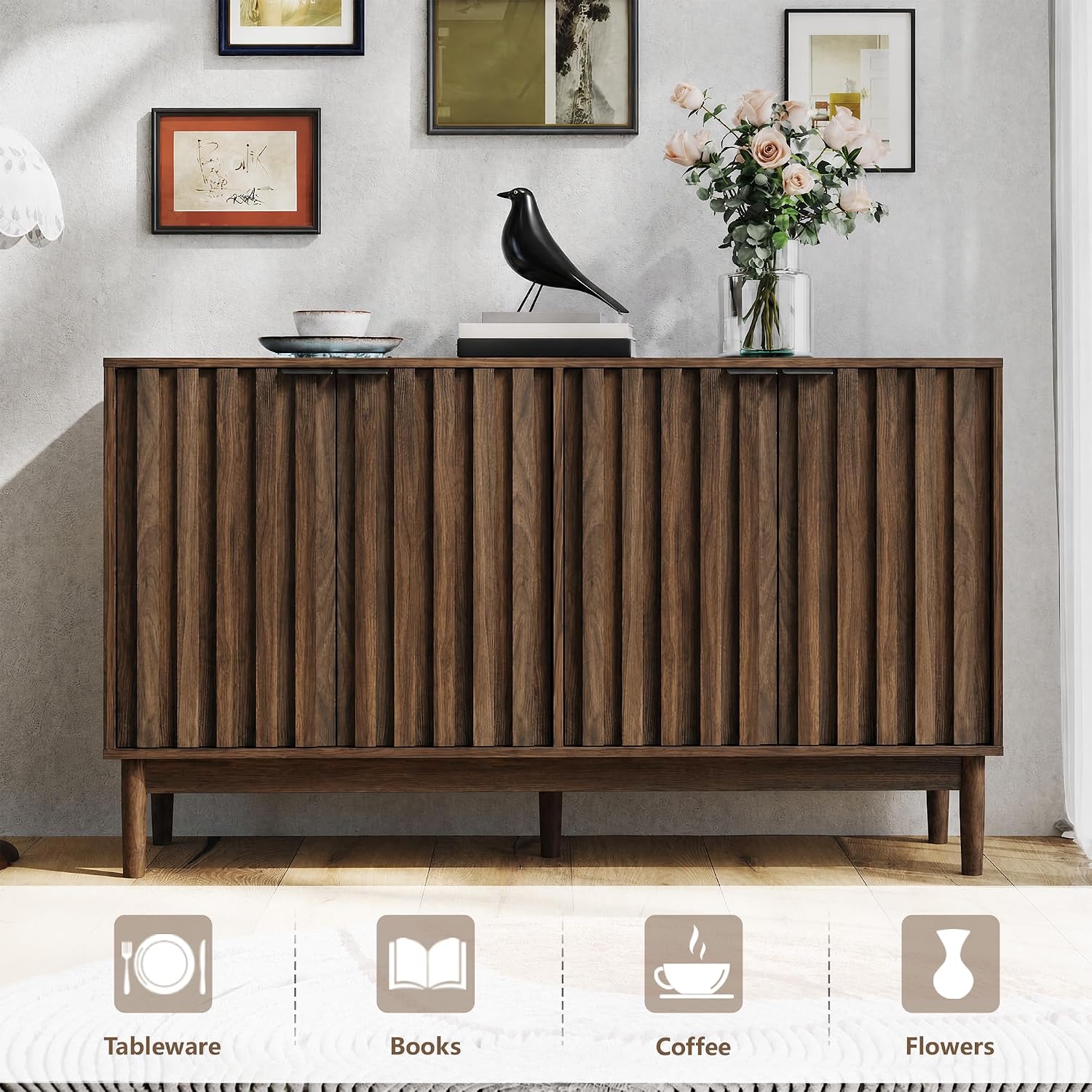 Otterease Fluted Cabinet with Storage, Small Buffet Cabinet Sideboard with Door, Kitchen Buffet Storage Accent Cabinets with Adjustable Shelves for Living Room, Entry, Hallway,Wlanut