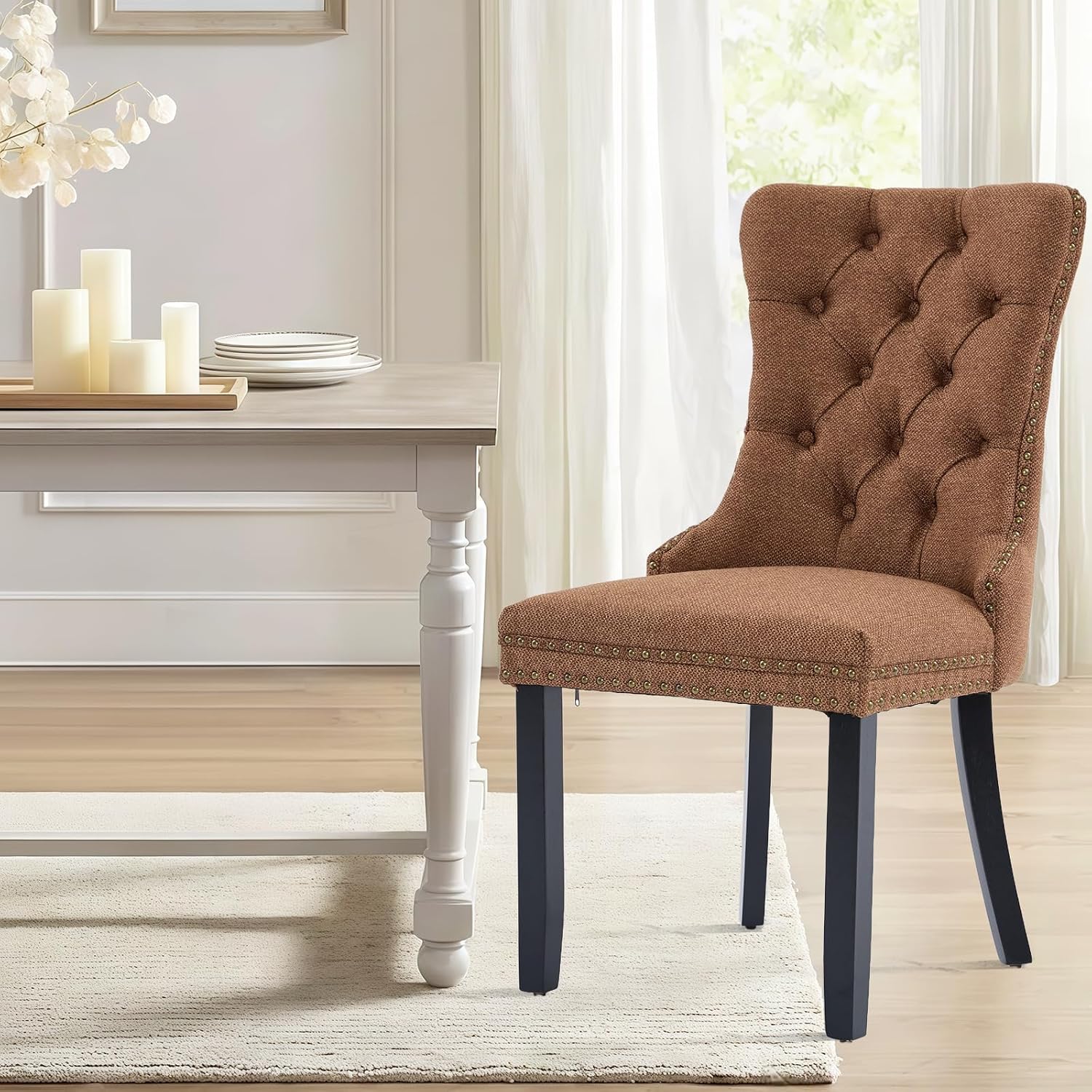Linen Upholstered Dining Chairs Set of 6, Modern Style Kitchen Side Chairs with Nailhead Trim and Wood Leg, Metal Pulling Ring for Dining Room Living Room(Coffee,Set of 6)