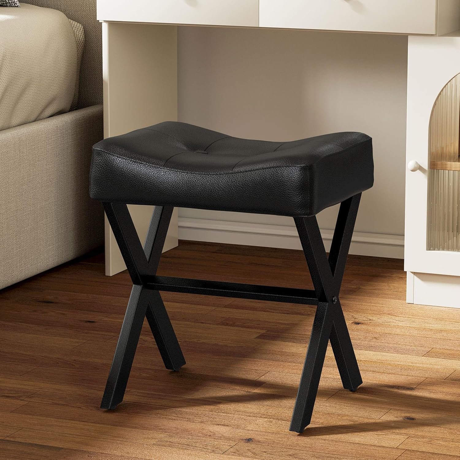 Memobarco 18-Inch Leather Vanity Stool Chair, Vanity Bench with Metal X-Leg, Ottoman Accent Stool with Thick Padded Saddle Seat, Black