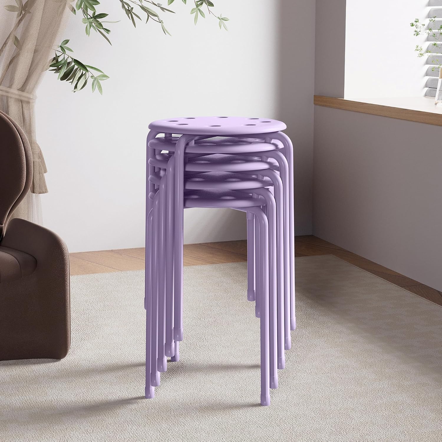 VECELO 6-Piece Stacking Stools, 17.7 Inch Standard Height, Portable Stackable Colorful Decoration Stools for School Classroom and Office Use, Purple
