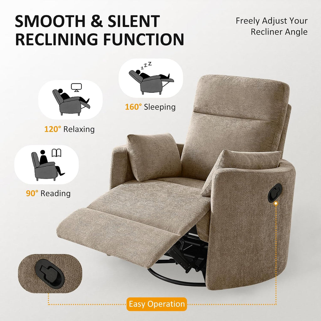 Oversized Nursery Rocking Chair, 360° Swivel Glider Recliner Chair, Chenille Silent Nursery Chair with 2 Pillows and Footrest, Cozy Reclining Sofa for Living Room, Bedroom, Nursing, Camel