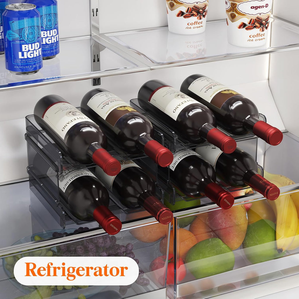 Lifewit Plastic Stackable Wine Rack for refrigerator, Cabinet, Countertop,Wine Bottle Holder, Water Bottle Organizer for Fridge, Pantry, Black, Hold 4 Bottles