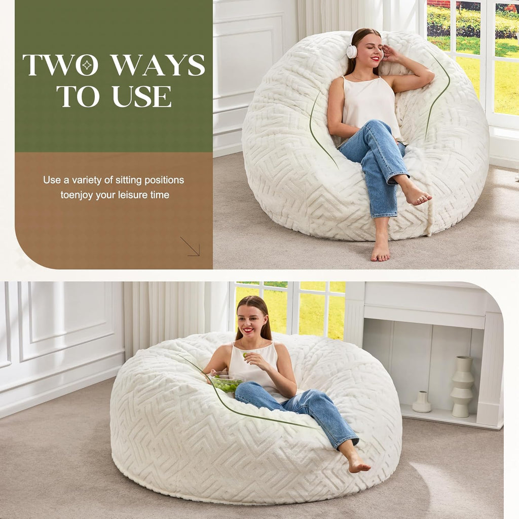 Hobestluk Bean Bag Chair Giant Beanbag Washable LivingRoom 5FT White Adult | Memory foam,Ergonomic Design,Breathable Detachable Cover,Removable,Easy Clean,2-Way-Use,No Assembly Required,Bedroom Dorm