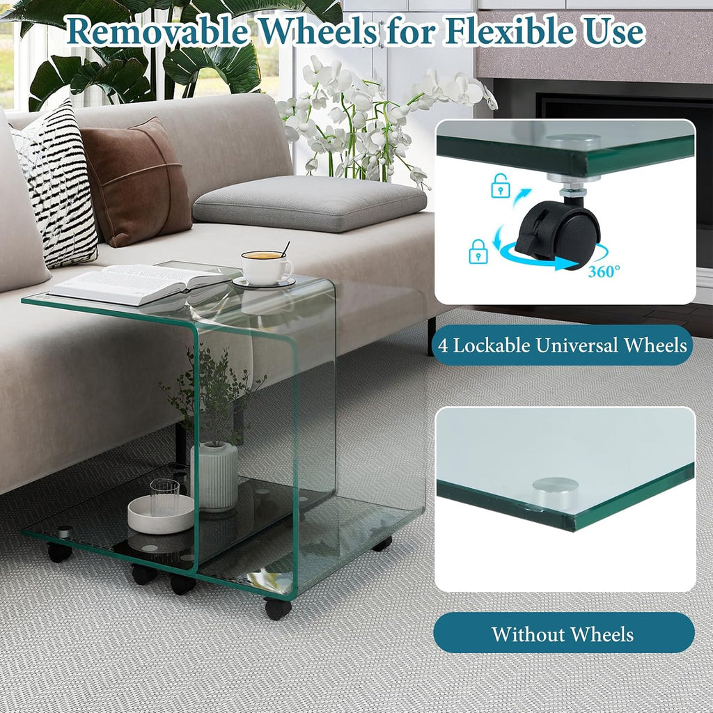 Tangkula Tempered Glass Side Table, Modern C-Shaped Bedside Table Nightstand with Storage Shelf, 4 Lockable Universal Wheels, Rolling Sofa End Table for Living Room Bedroom Office (1, Transparent)