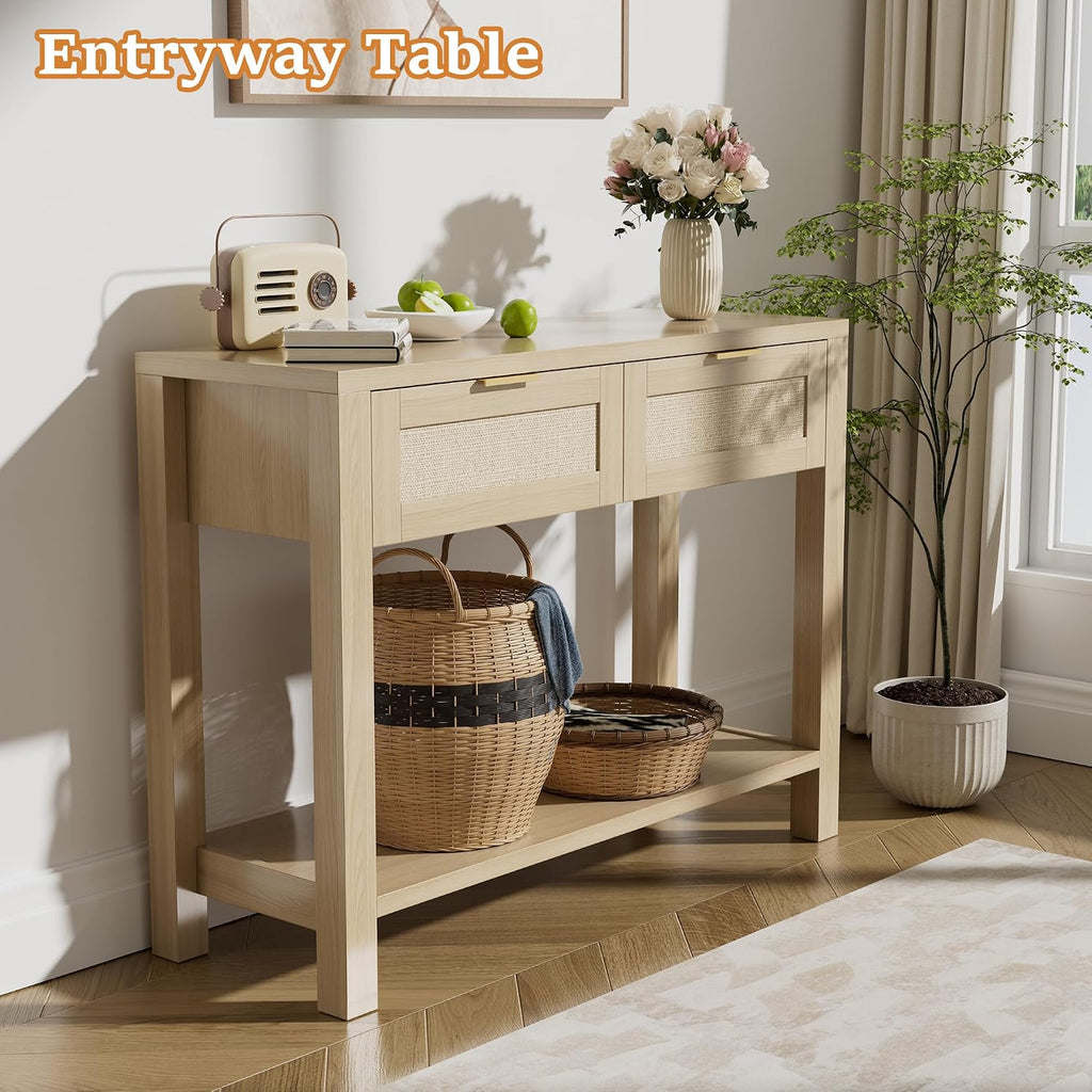 Boho Chic Console Table with 2 Rattan Drawers and Open Shelf Storage, Narrow Farmhouse Sofa Table for Small Space Entryway, Living Room,Hallway,Natural