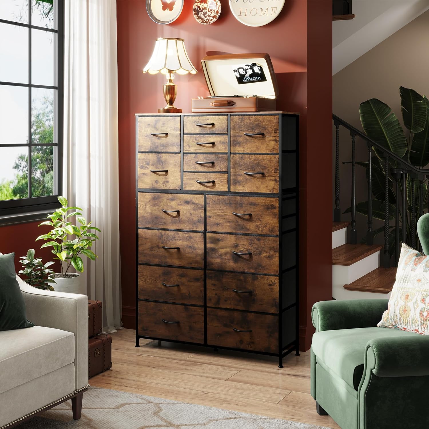 Tall Console Table with 16 Fabric Drawers, Entryway Table with Storage, Large Storage Organizer with Wood Top, Steel Frame for Living Room, Hallway, Office, Rustic Brown