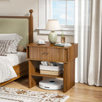 Fluted Nightstand Set of 2, Walnut End Table with Sliding Doors, Bedside Table Mid Century Modern with Open Shelf, Large Night Stand for Bedroom, Living Room, Space Saving