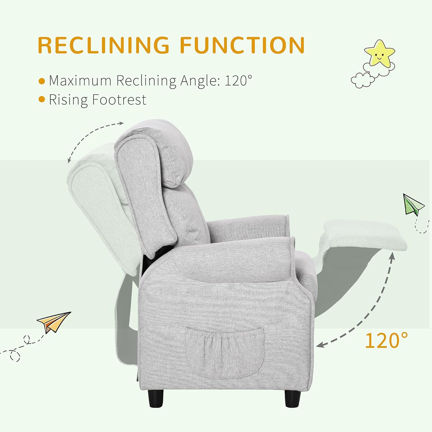 Qaba Kids Recliner Chair Children Sofa Angle Adjustable Single Lounger Armchair Gaming Chair with Footrest 2 Side Pockets for 3-5 Years, Light Grey