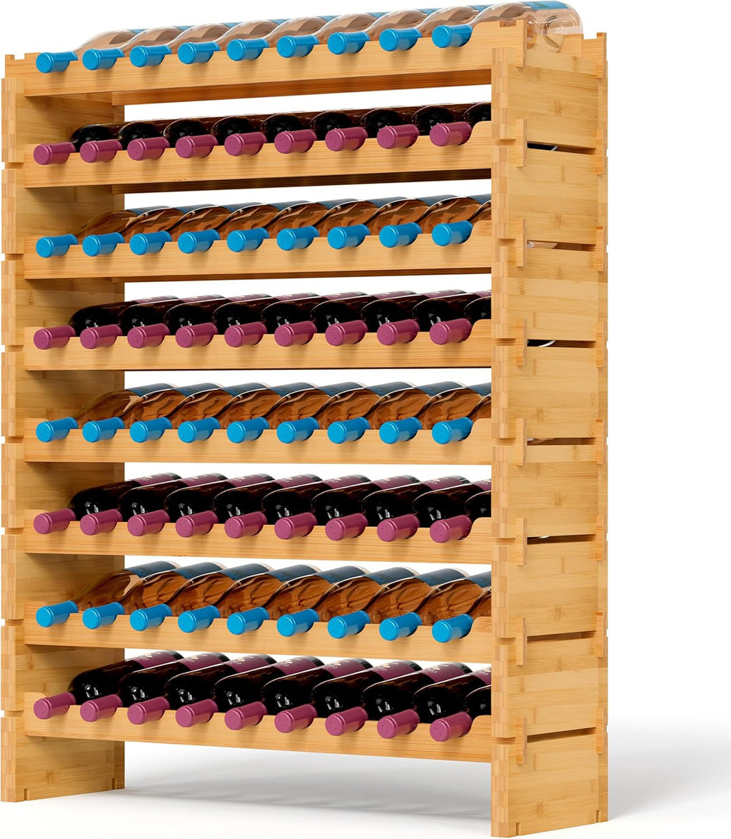 NutriChef Bamboo Wine Rack Freestanding Floor, 8-Tier Wooden Wine Storage Shelf Holds 72 Bottles, Stackable Wine Stand and Wine Holder for Bar, Kitchen, Cabinet, or Cellar Display