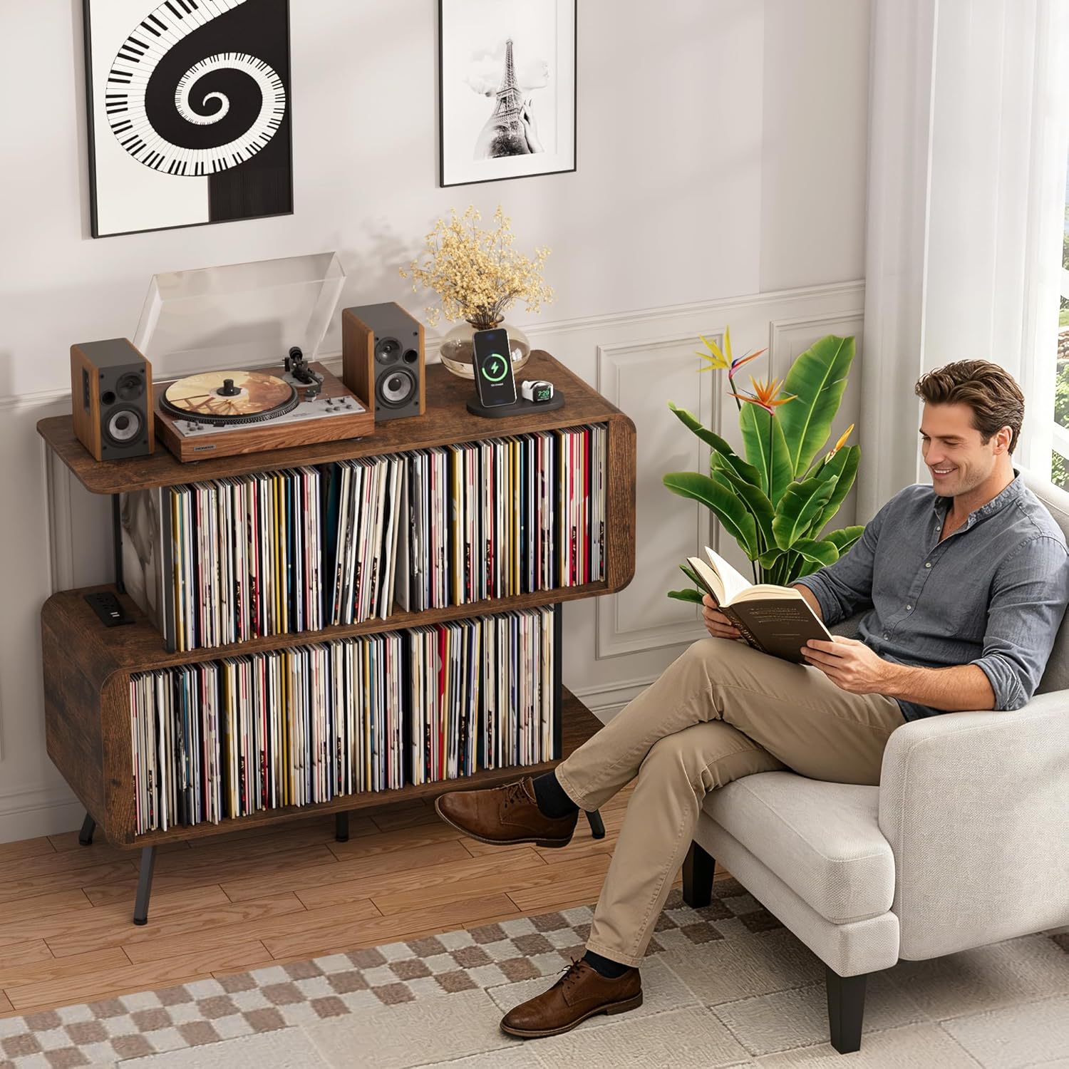 Record Player Stand with Vinyl Record Storage - 3-Tier Record Player Table with Power Outlets & LED Light, Mid-Century Modern Turntable Stand Vinyl Shelf Display Cabinet, Holds 500+ Albums, Brown