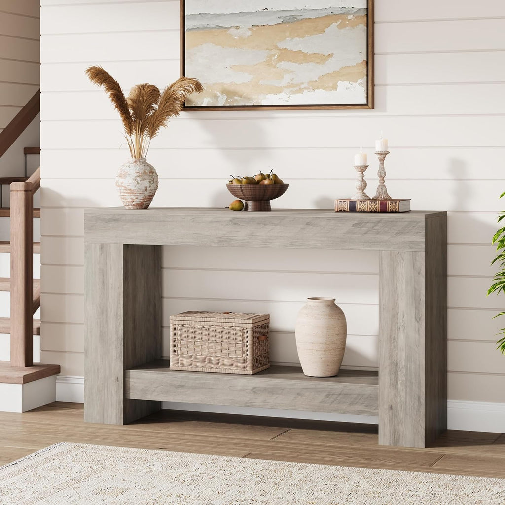 Garvee Farmhouse Console Table for Living Room, Long Console Table for Entryway, 2-Tier Large Sofa Table with Storage, Entryway Entry Table for Entrance, Hallway, Grey, 47"