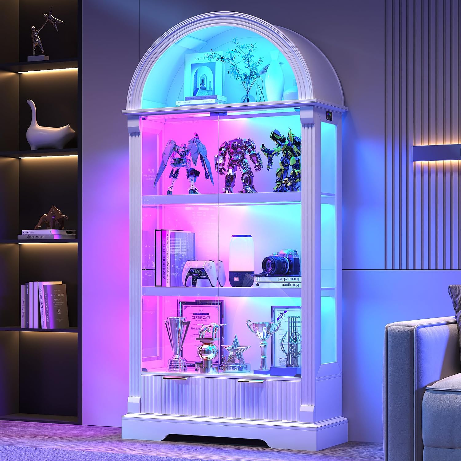 Dystler Curio Cabinet with RGB Lights, 72" Tall Arched Display Cabinet with Glass Doors, 4-Tier Large Shelf Display Case for Collectibles Bookcase Living Room, White