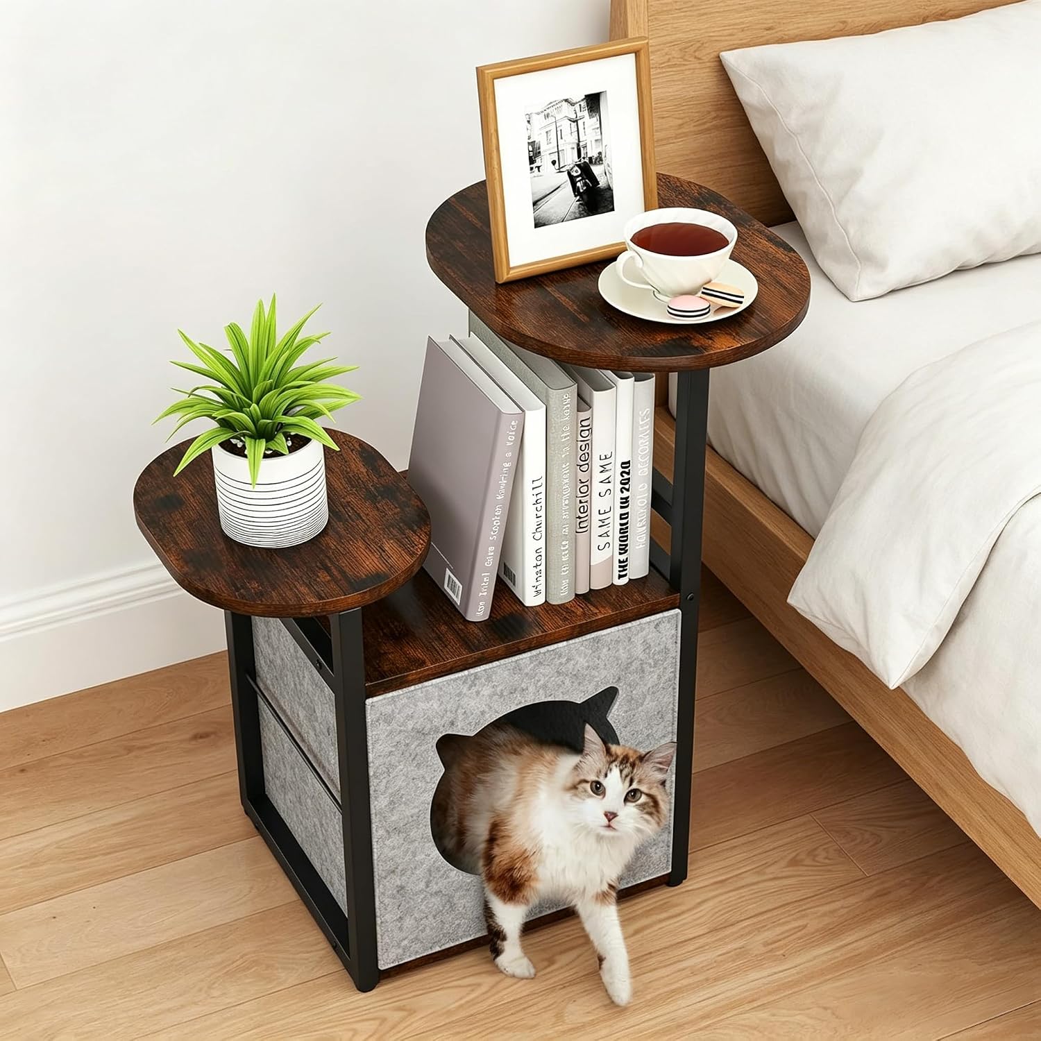 Turosur Cat Bed End Table Flip Top Side Table with Removable Cat Hideaway 3-Tier Open Shelf Farmhouse Accent Table for Home Bedroom Living Room