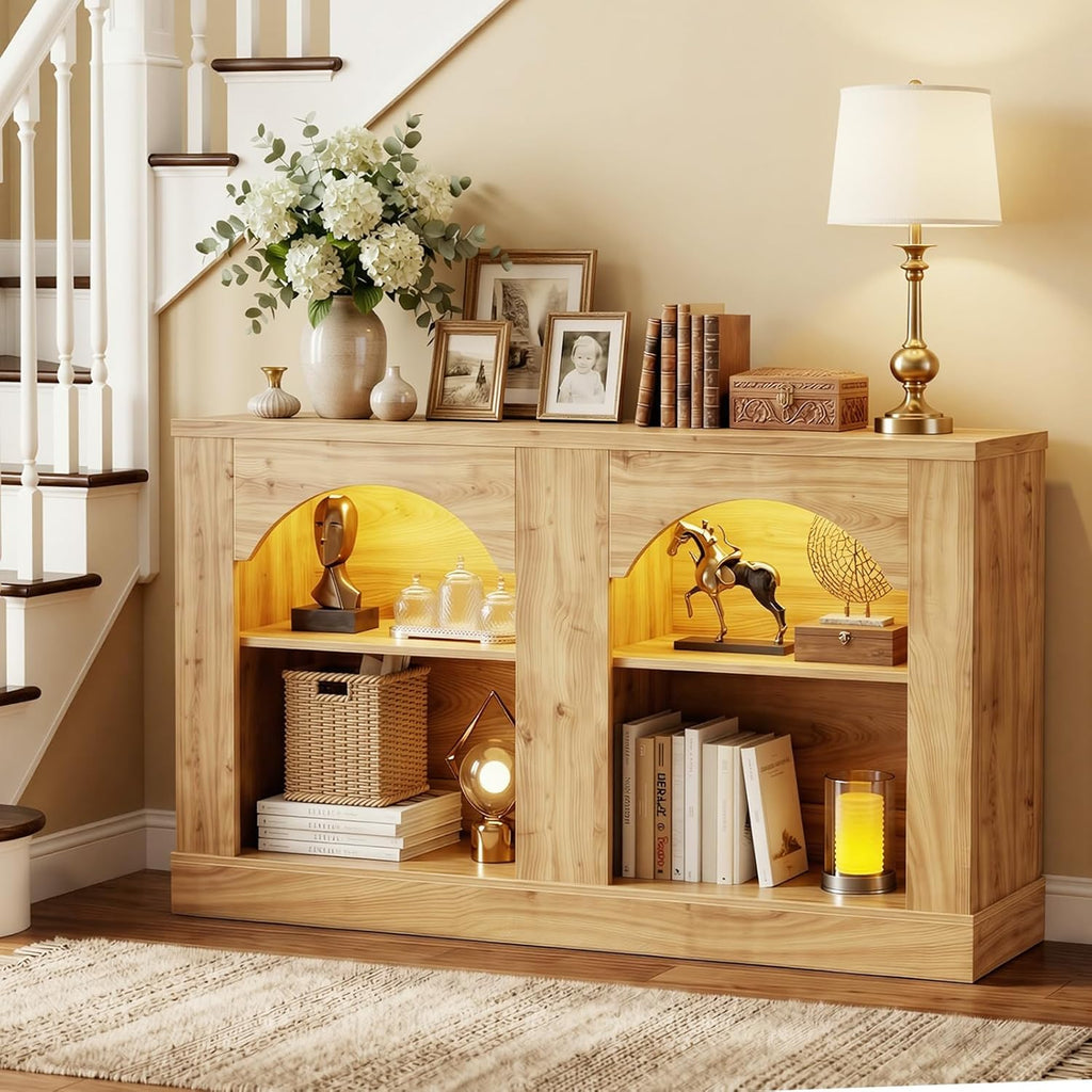 Arched Entryway Table with LED Lights, 47" Farmhouse Console Table with Adjustable Shelves, Sofa Table Behind Couch, Sideboard Buffet Storage Cabinet for Entrance/Hallway/Living Room, Natural Oak
