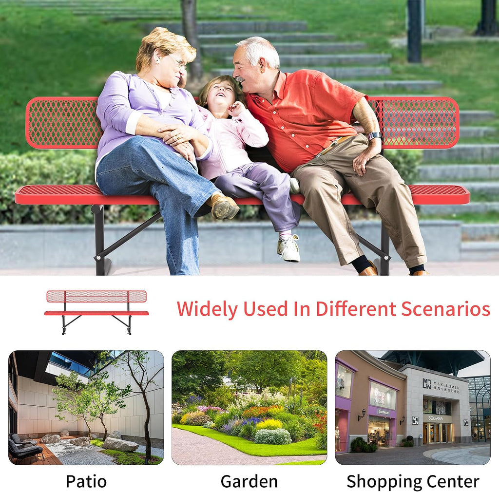 96" Metal Park Benches for Outside - Red Outdoor Benches Heavy Duty Garden Weatherproof Bench with Backrest, Buddy Bench for Schools,Commercial Benches for Shopping Mall, Store, Yard, Patio