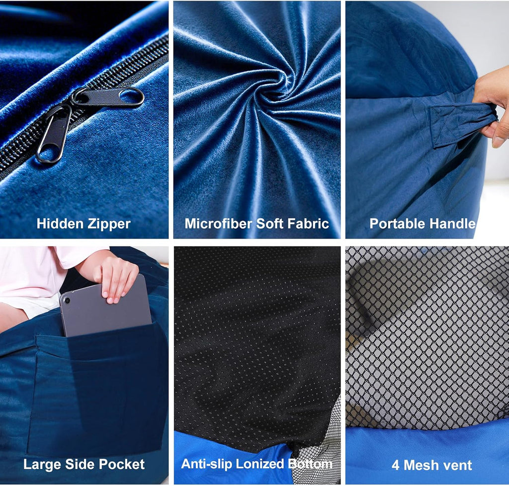 Bean Bag Chair Sensory Crash Pad, Convertible Foam Lazy Sofa Bed for Kids | Supportive memory blocks | Machine washable velour cover | Non-slip base breathable mesh panels | Sturdy carry handle pocket