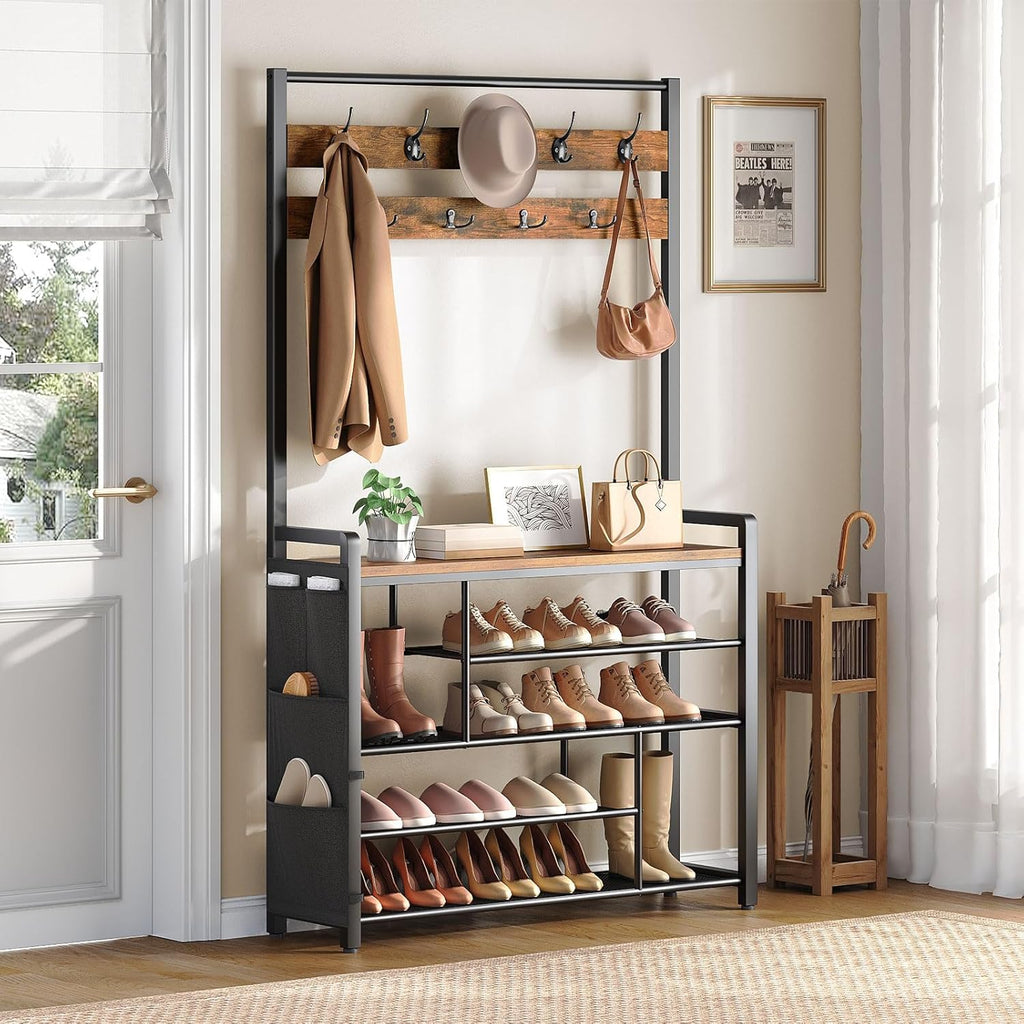 HOOBRO Hall Tree with Bench, Shoe Rack with Coat Rack, 39.4" Coat Rack with Shoe Storage, 5 Tier Shoe Storage Organizer, Oxford Fabric Side Pockets, Coat and Shoe Rack Entryway, Rustic Brown BF46MT01