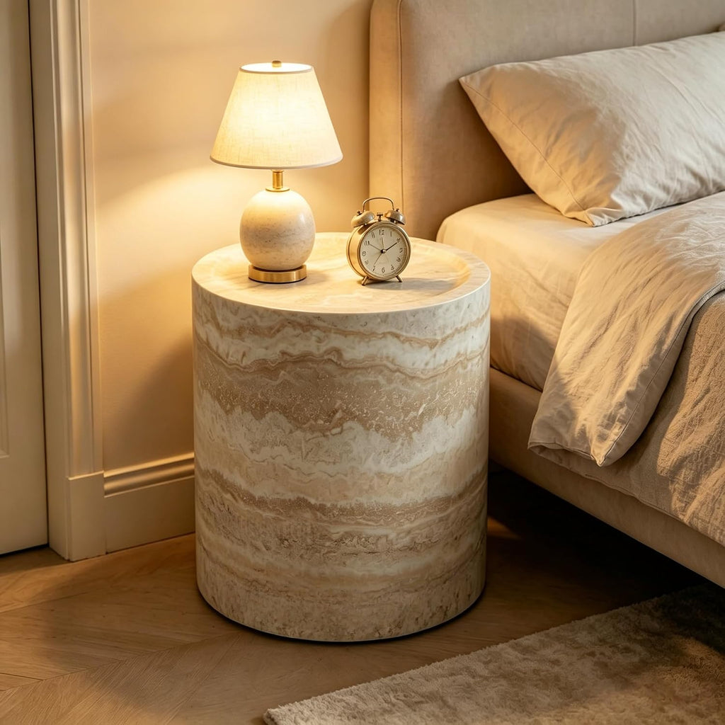 Marble-Effect Cylindrical Side Table Lightweight Fiberglass & Resin Accent Table End Table for Living Room Nightstand for Bedroom Small Drink Table for Corner Spaces (15.75'' Single, Cream)