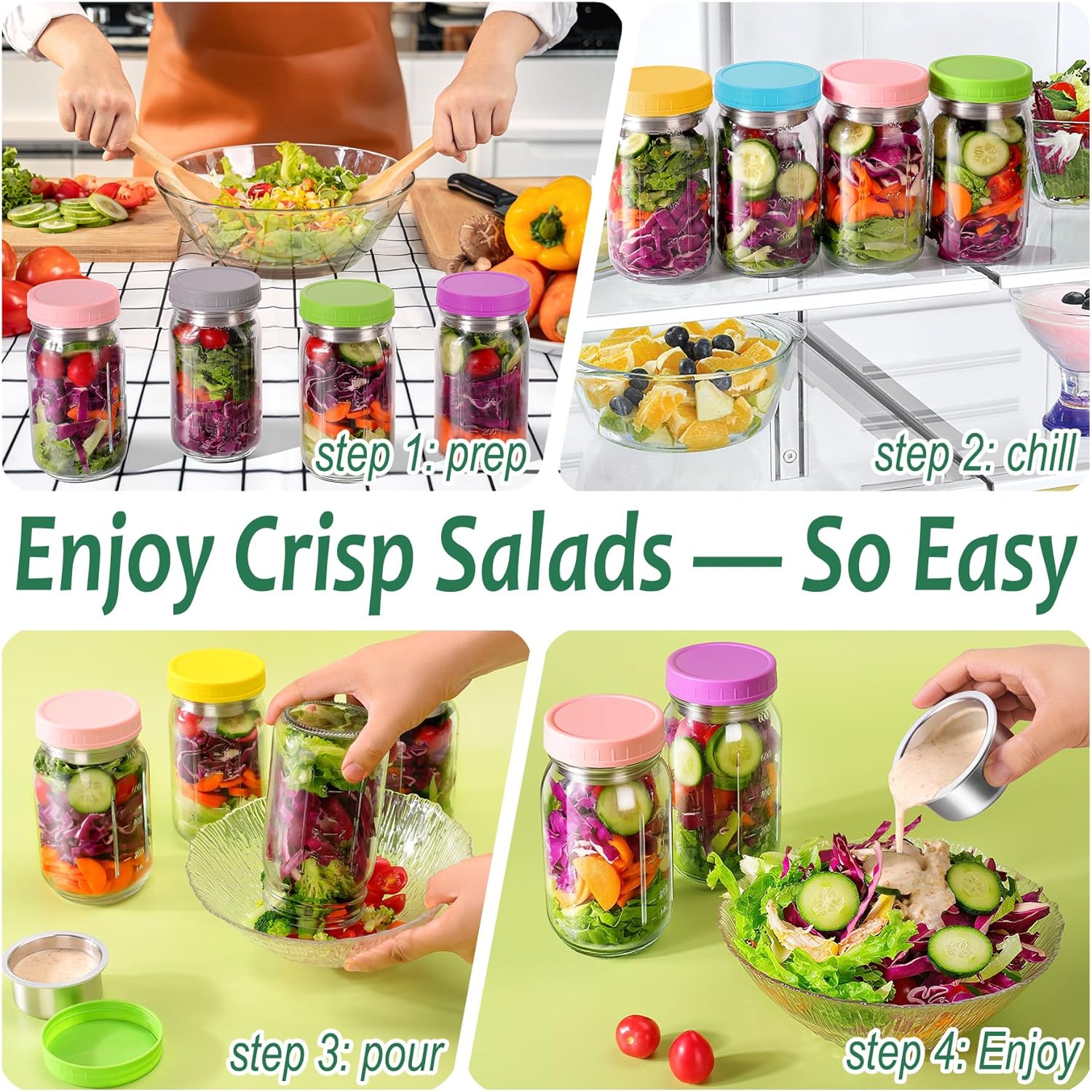 KTKUDY 2 Pack 32 oz Glass Salad Jars with Dressing Cups (Pod) - Meal Prep Salad Container for Lunch - Leakproof Mason Jars with Lids