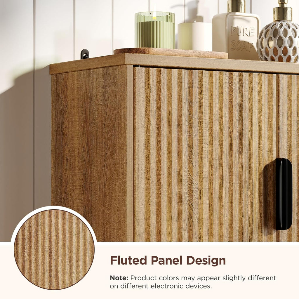 FiveWillowise Fluted Bathroom Wall Storage Cabinet with Open Shelf, Floating Wall Mounted Medicine Cabinet with Adjustable Shelves, Over The Toilet for Bathroom, Laundry Room, Kitchen, Natural Oak