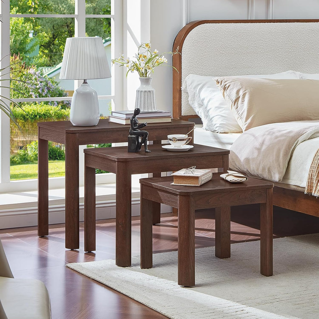 Joaxswe Farmhouse Nesting Tables Set of 3, Living Room Table Set with Rounded Corners & 4 Thickened Table Legs, Walnut