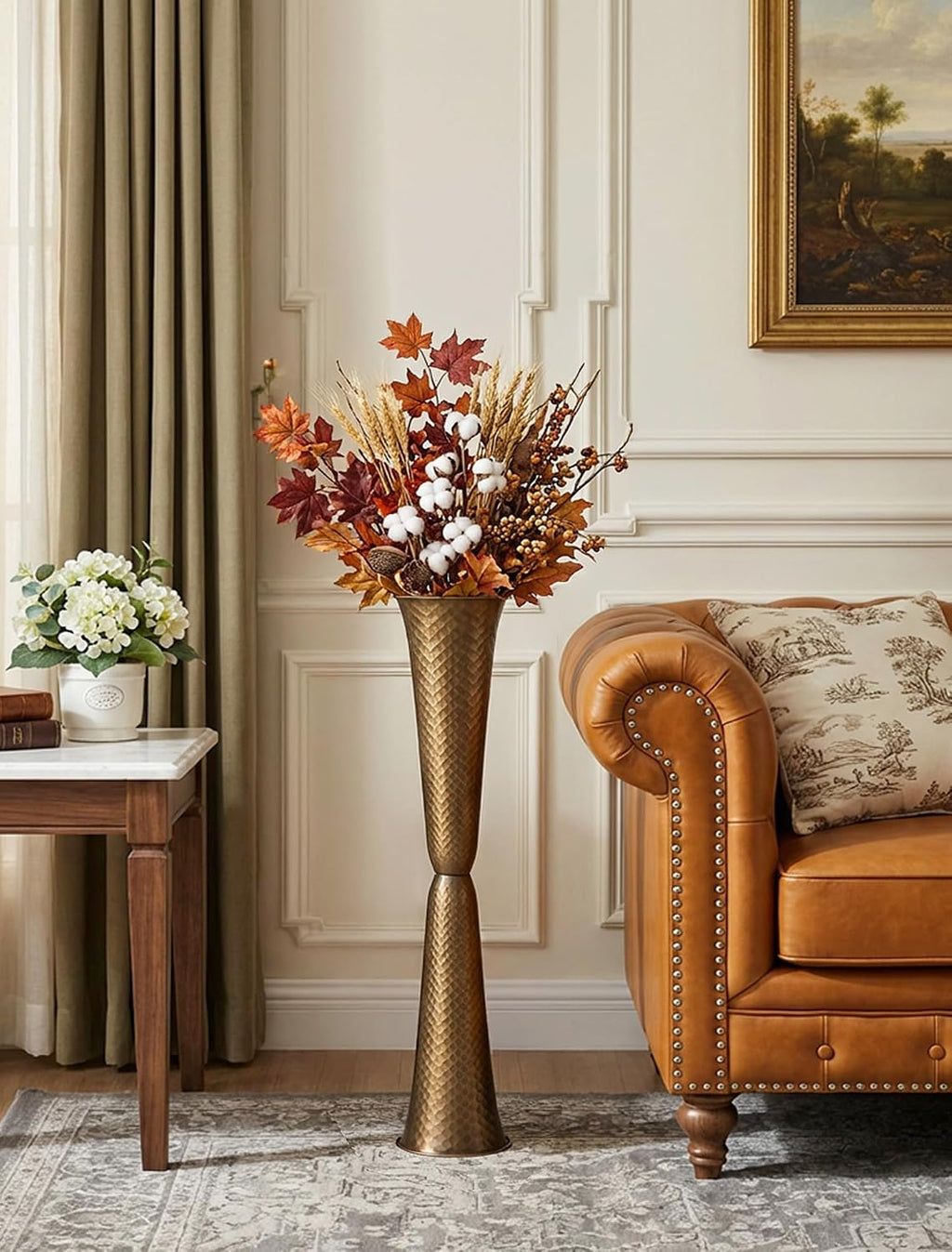 Sziqiqi Gold Tall Floor Vase: 29.5in Bronze Metal Large Vase with Grid Texture - Decorative Floor Vases for Fireplace Living Room Modern Big Standing Holder for Dining Bedroom Home Decor Corner