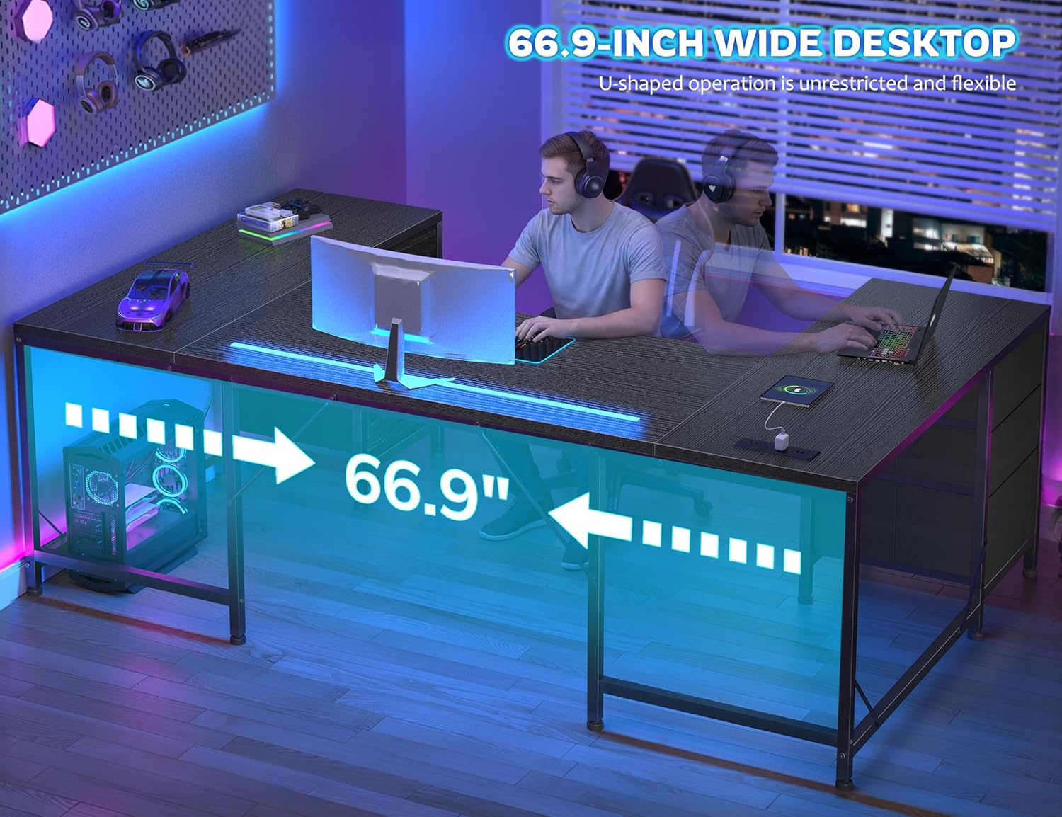 DurayLoly 67" U Shaped Gaming Corner Desk with Power Outlets & LED Lights,Computer Desk with 6 Drawers & File Cabinets,Home Office Desks Study Writing Table for Bedroom,Living Room,Black
