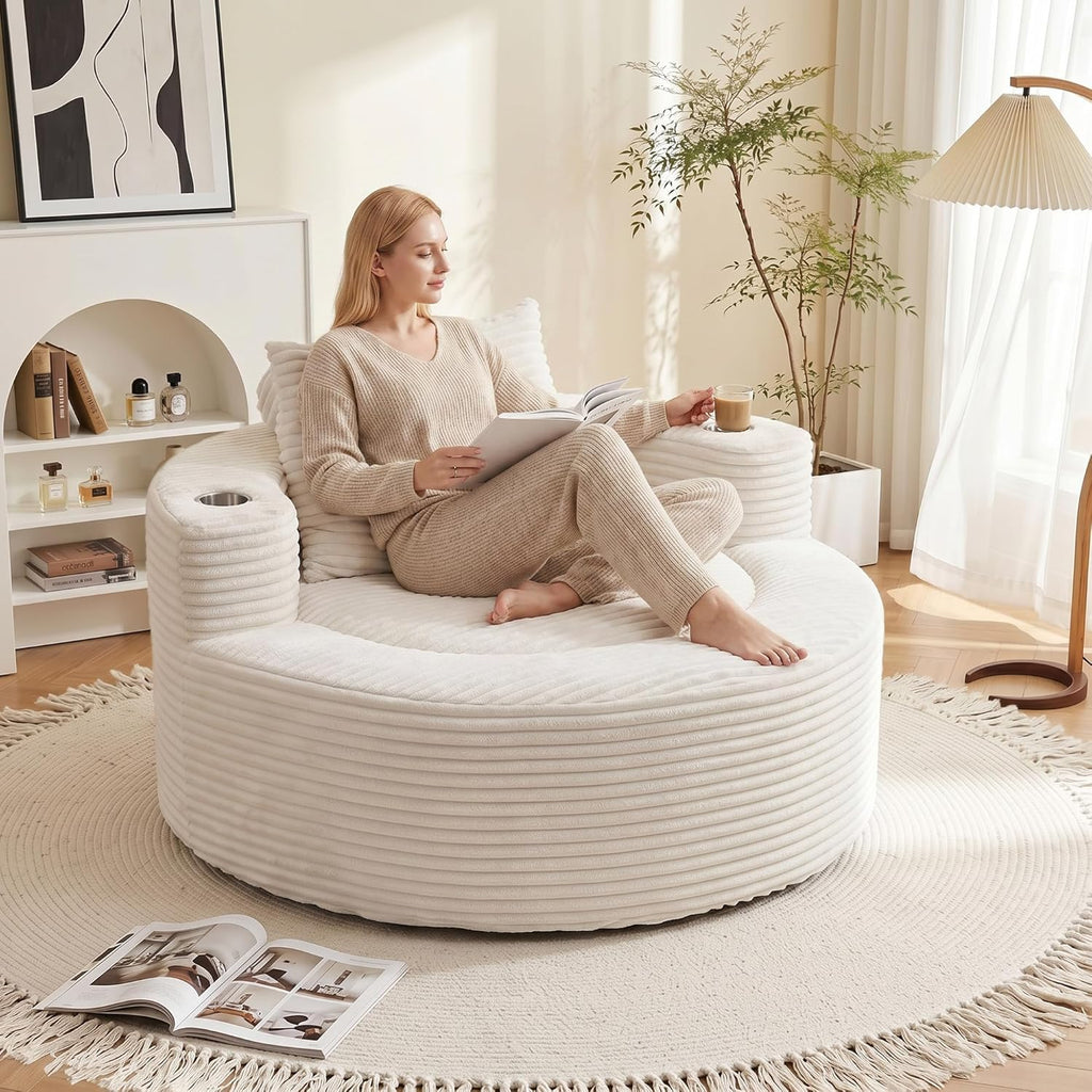 55.5" Oversized Round Chaise Lounge Chair Indoor with Stainless Steel Cup Holders, Modern Upholstered Corduroy Cloud Boneless Chair, Deep Seat Circle Floor Sofa for Living Room, No Assembly