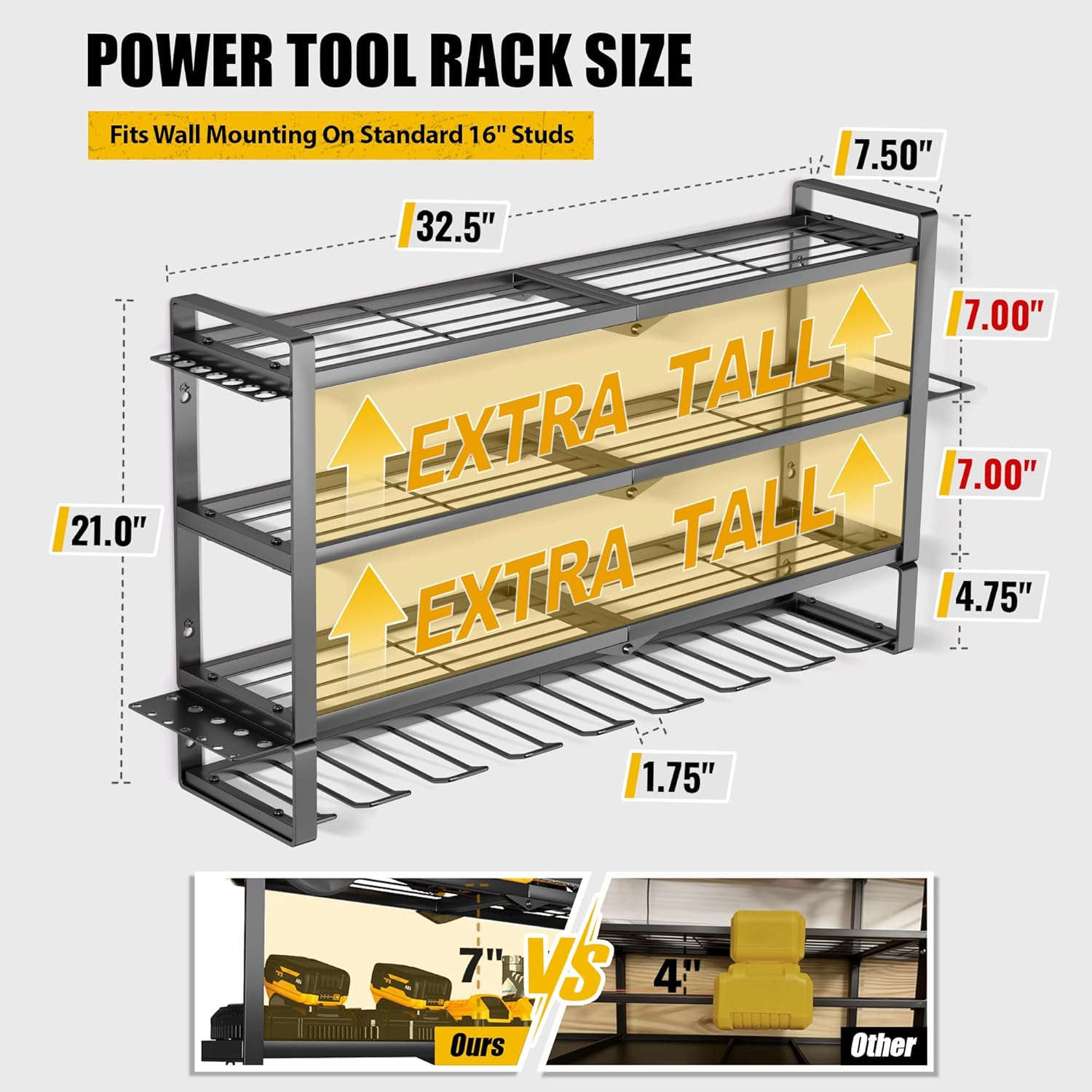MOOMSINE Large Power Tool Organizer Wall Mount, 4-Tier Heavy Duty Metal Storage Rack Loads 400lbs, Battery Tools Hanger with 8 Cordless Drill Holder for Garage, Workshop, Pegboard, Shed