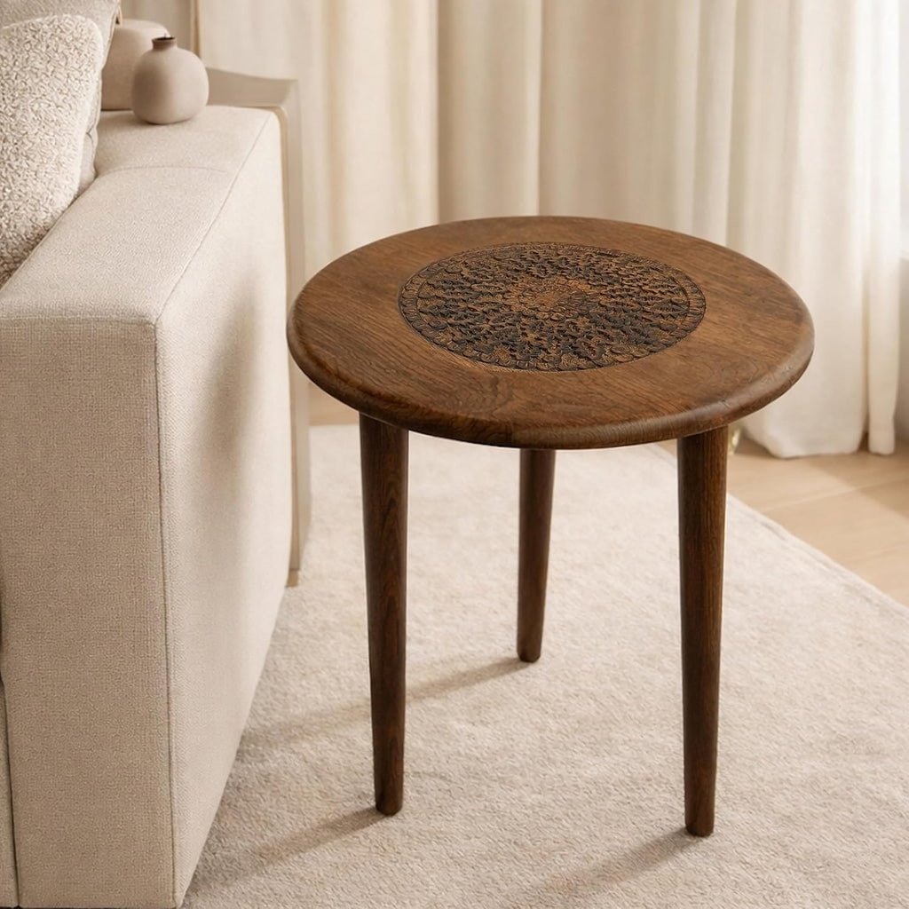 TUP THE URBAN PORT AMA 22 Inch Side End Table, Round Top, Indian Mandala Floral Carving, 3 Legs, Brown Mango Wood